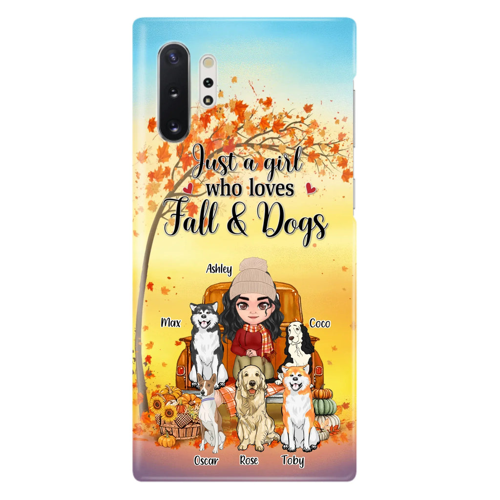 Custom Personalized Dog Mom Fall Season Phone Case - Autumn Gift Idea For Dog Owners - Upto 5 Dogs -  Case For iPhone/Samsung - Just A Girl Who Loves Fall & Dogs