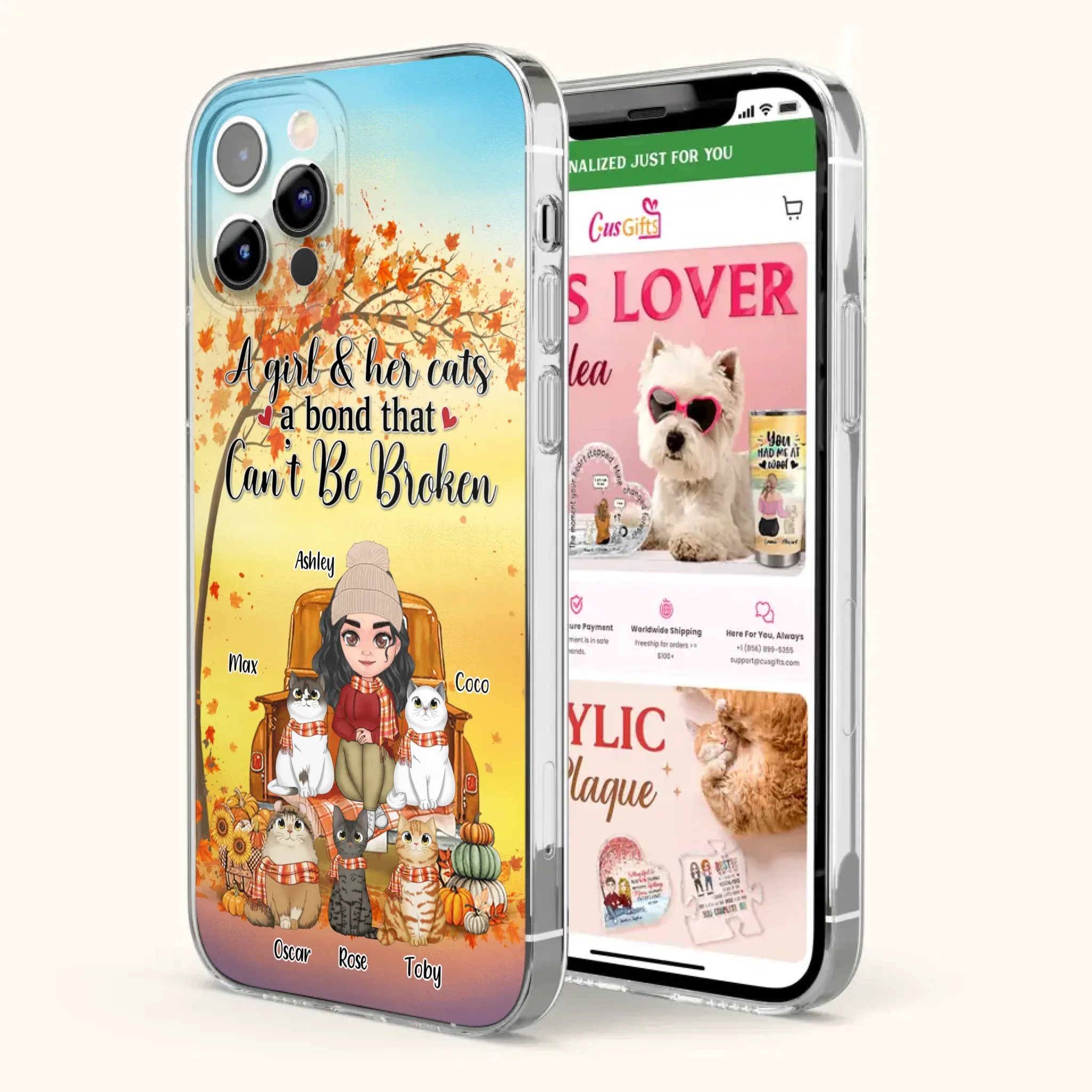 Custom Personalized Cat Mom Fall Season Phone Case - Gift Idea For Cat Owners - Upto 5 Cats -  Case For iPhone/Samsung - A Girl & Her Cats A Bond That Can't Be Broken