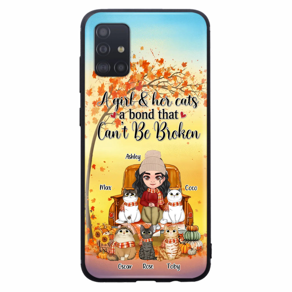 Custom Personalized Cat Mom Fall Season Phone Case - Gift Idea For Cat Owners - Upto 5 Cats -  Case For iPhone/Samsung - A Girl & Her Cats A Bond That Can't Be Broken