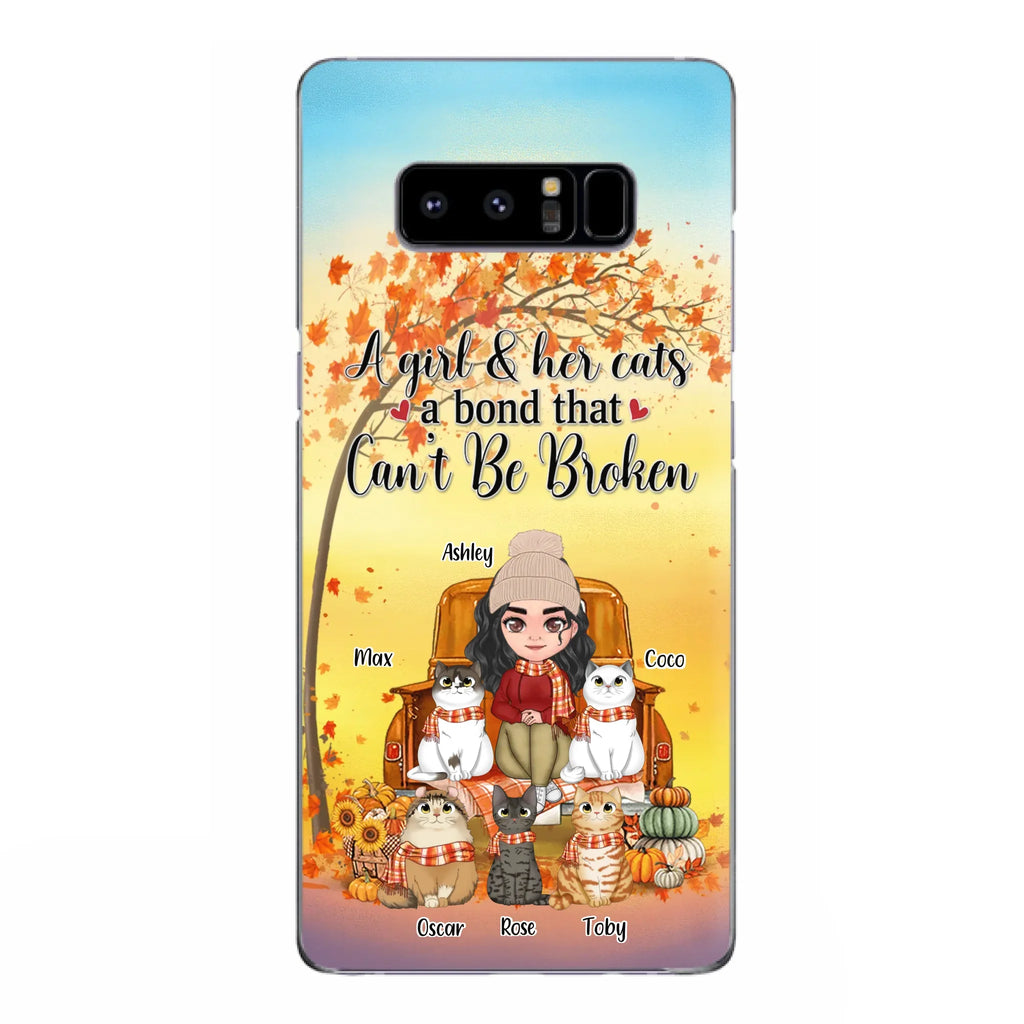 Custom Personalized Cat Mom Fall Season Phone Case - Gift Idea For Cat Owners - Upto 5 Cats -  Case For iPhone/Samsung - A Girl & Her Cats A Bond That Can't Be Broken