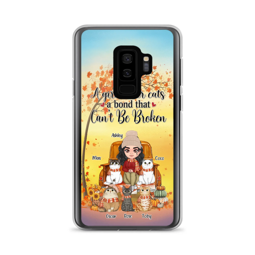 Custom Personalized Cat Mom Fall Season Phone Case - Gift Idea For Cat Owners - Upto 5 Cats -  Case For iPhone/Samsung - A Girl & Her Cats A Bond That Can't Be Broken