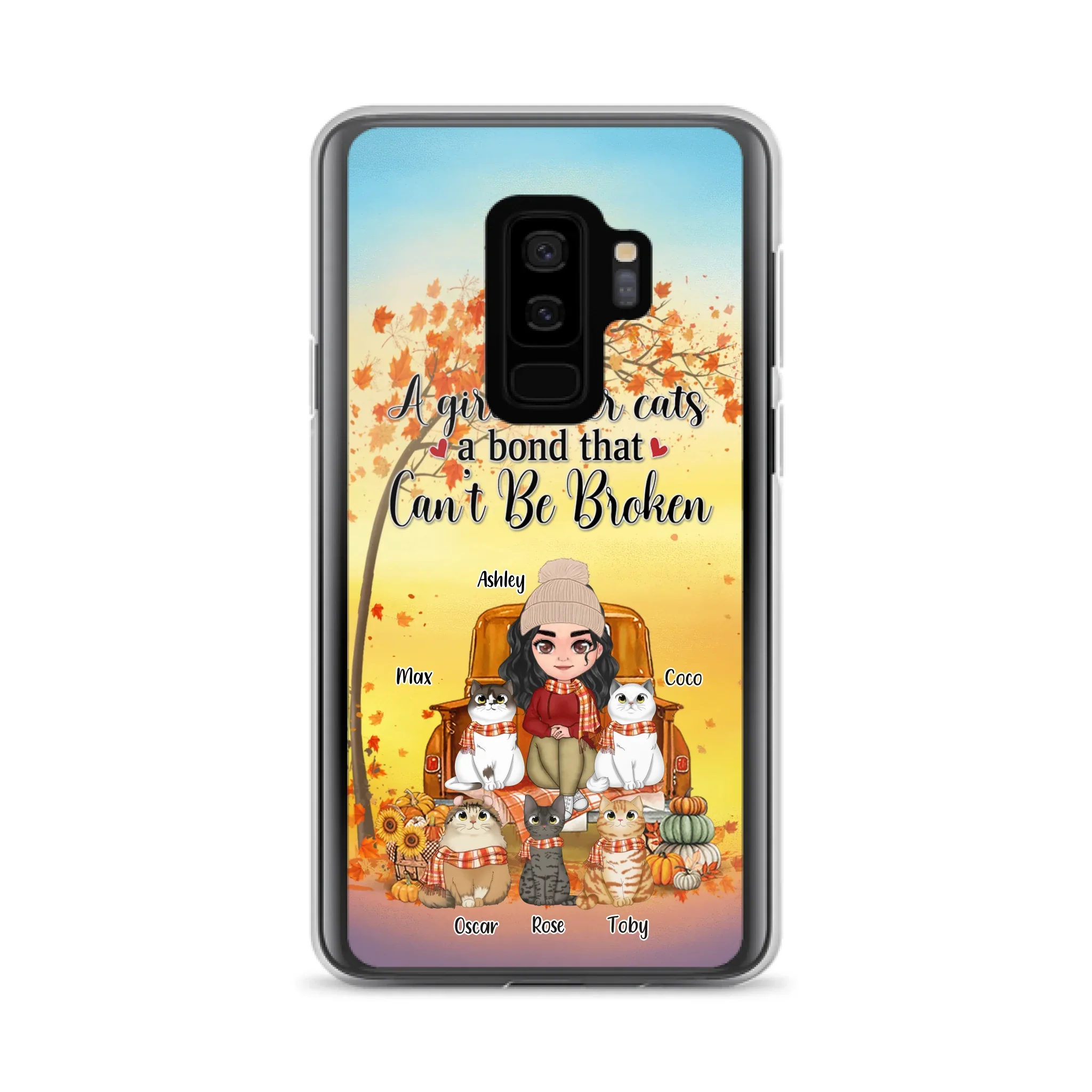 Custom Personalized Cat Mom Fall Season Phone Case - Gift Idea For Cat Owners - Upto 5 Cats -  Case For iPhone/Samsung - A Girl & Her Cats A Bond That Can't Be Broken