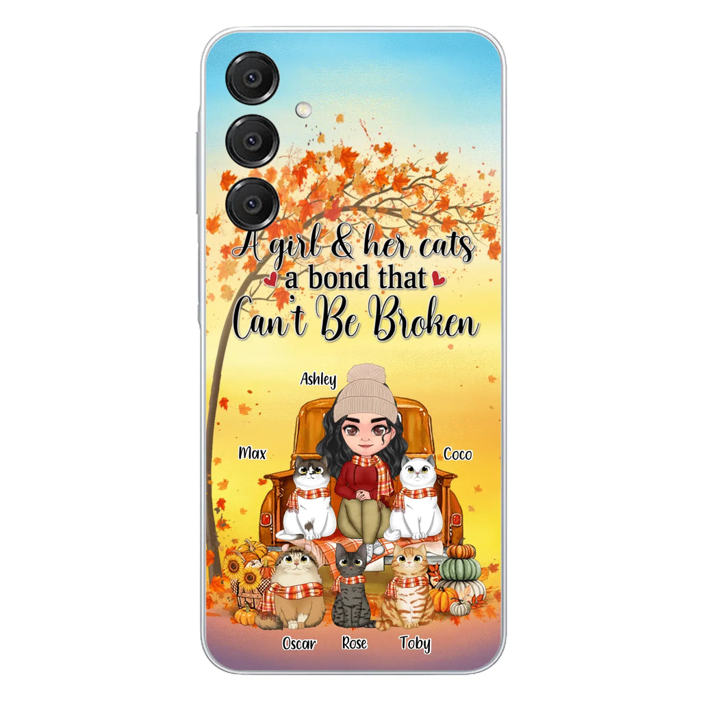Custom Personalized Cat Mom Fall Season Phone Case - Gift Idea For Cat Owners - Upto 5 Cats -  Case For iPhone/Samsung - A Girl & Her Cats A Bond That Can't Be Broken
