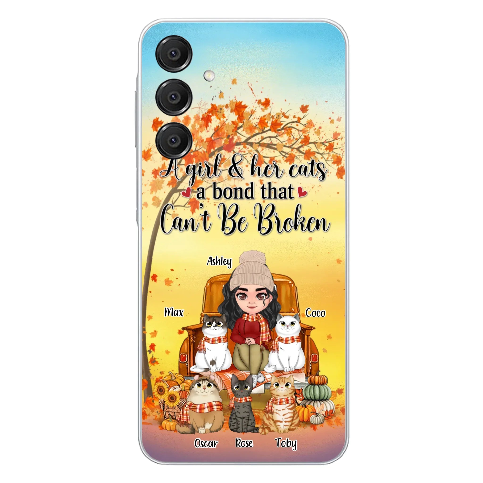Custom Personalized Cat Mom Fall Season Phone Case - Gift Idea For Cat Owners - Upto 5 Cats -  Case For iPhone/Samsung - A Girl & Her Cats A Bond That Can't Be Broken