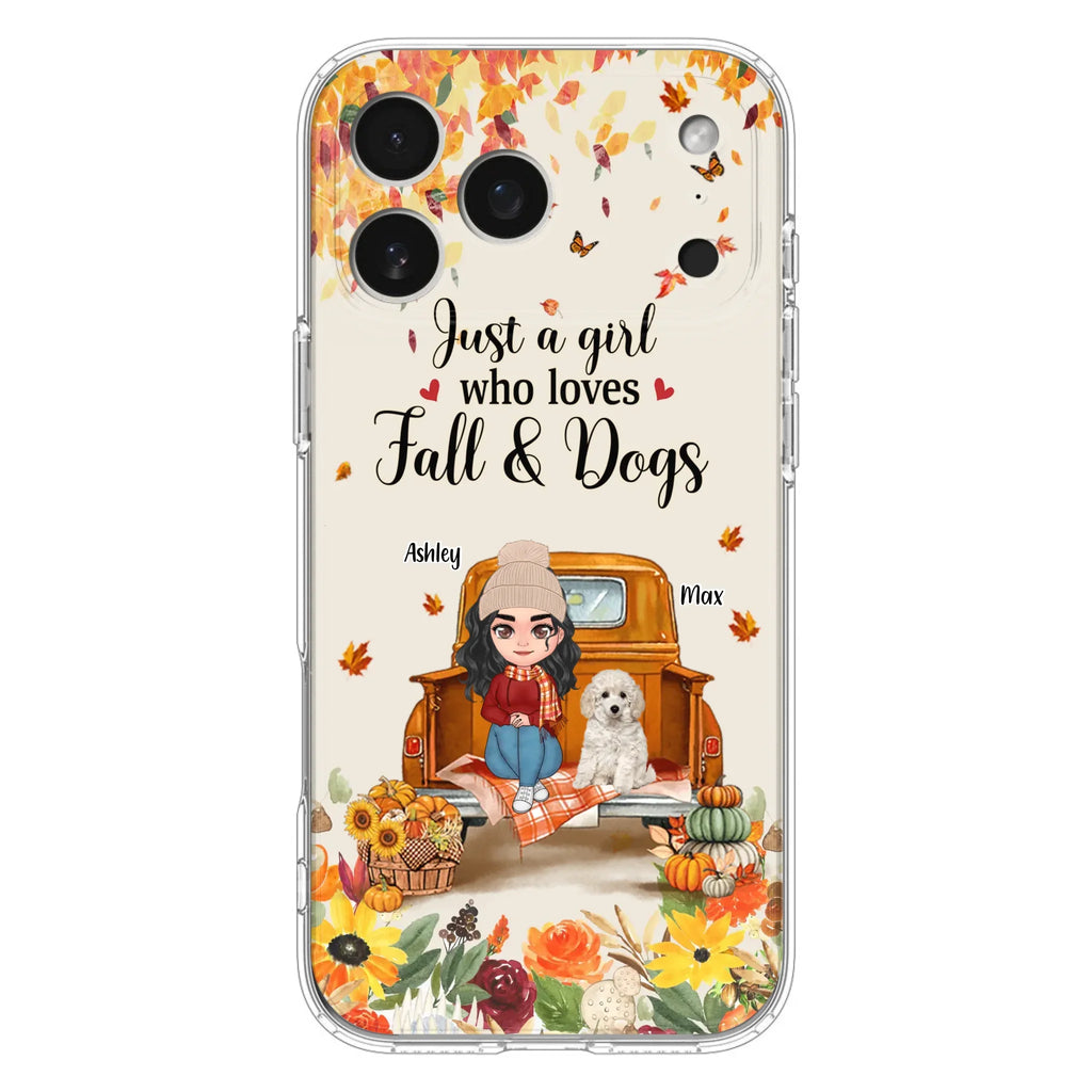 Custom Personalized Dog Mom Autumn Phone Case - Gift Idea For Dog Owners - Upto 5 Dogs -  Case For iPhone/Samsung - Just A Girl Who Loves Fall & Dogs