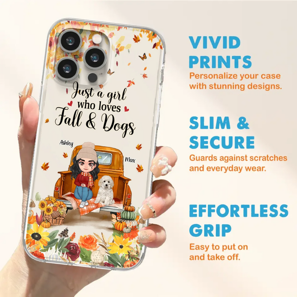 Custom Personalized Dog Mom Autumn Phone Case - Gift Idea For Dog Owners - Upto 5 Dogs -  Case For iPhone/Samsung - Just A Girl Who Loves Fall & Dogs
