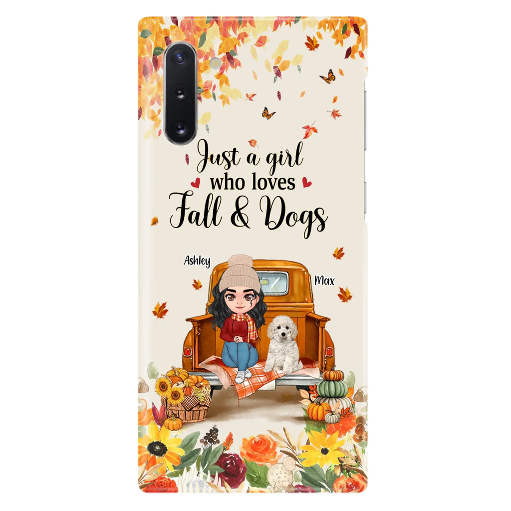 Custom Personalized Dog Mom Autumn Phone Case - Gift Idea For Dog Owners - Upto 5 Dogs -  Case For iPhone/Samsung - Just A Girl Who Loves Fall & Dogs
