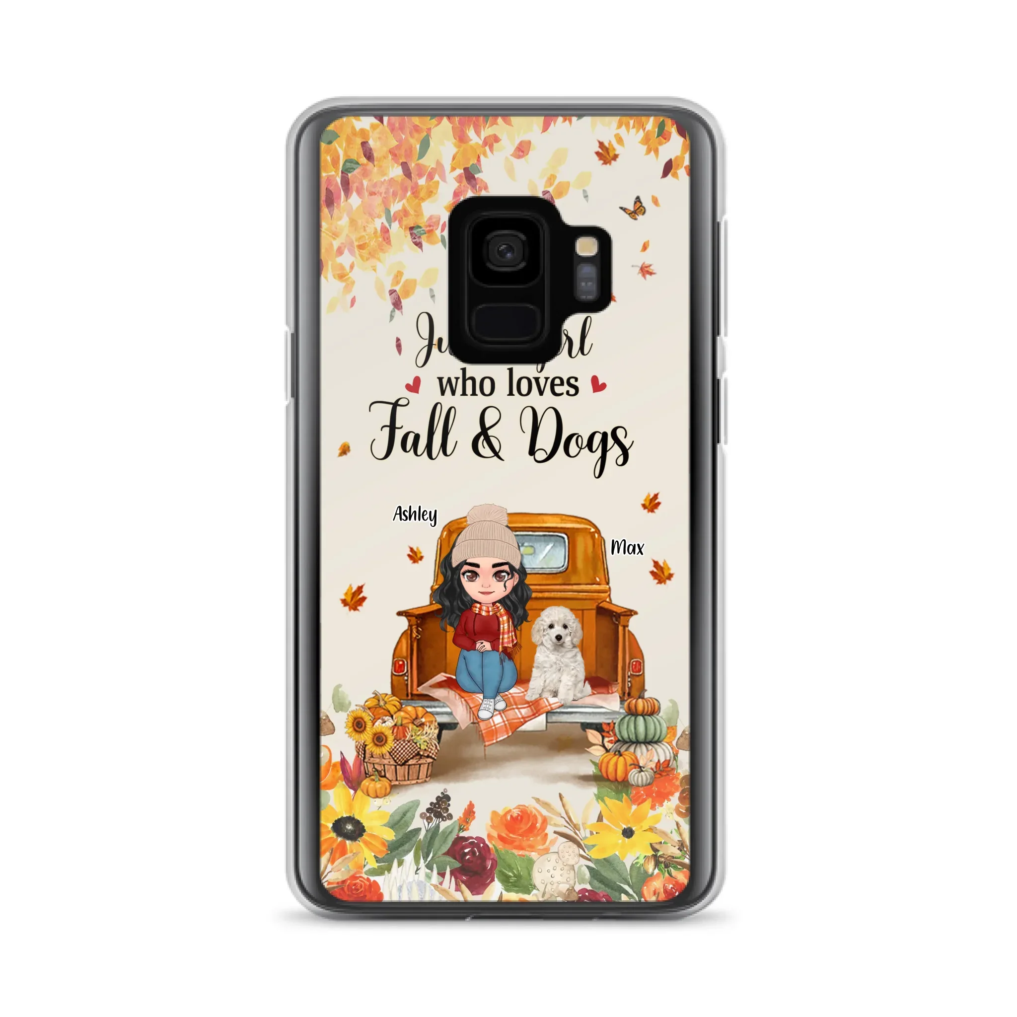 Custom Personalized Dog Mom Autumn Phone Case - Gift Idea For Dog Owners - Upto 5 Dogs -  Case For iPhone/Samsung - Just A Girl Who Loves Fall & Dogs
