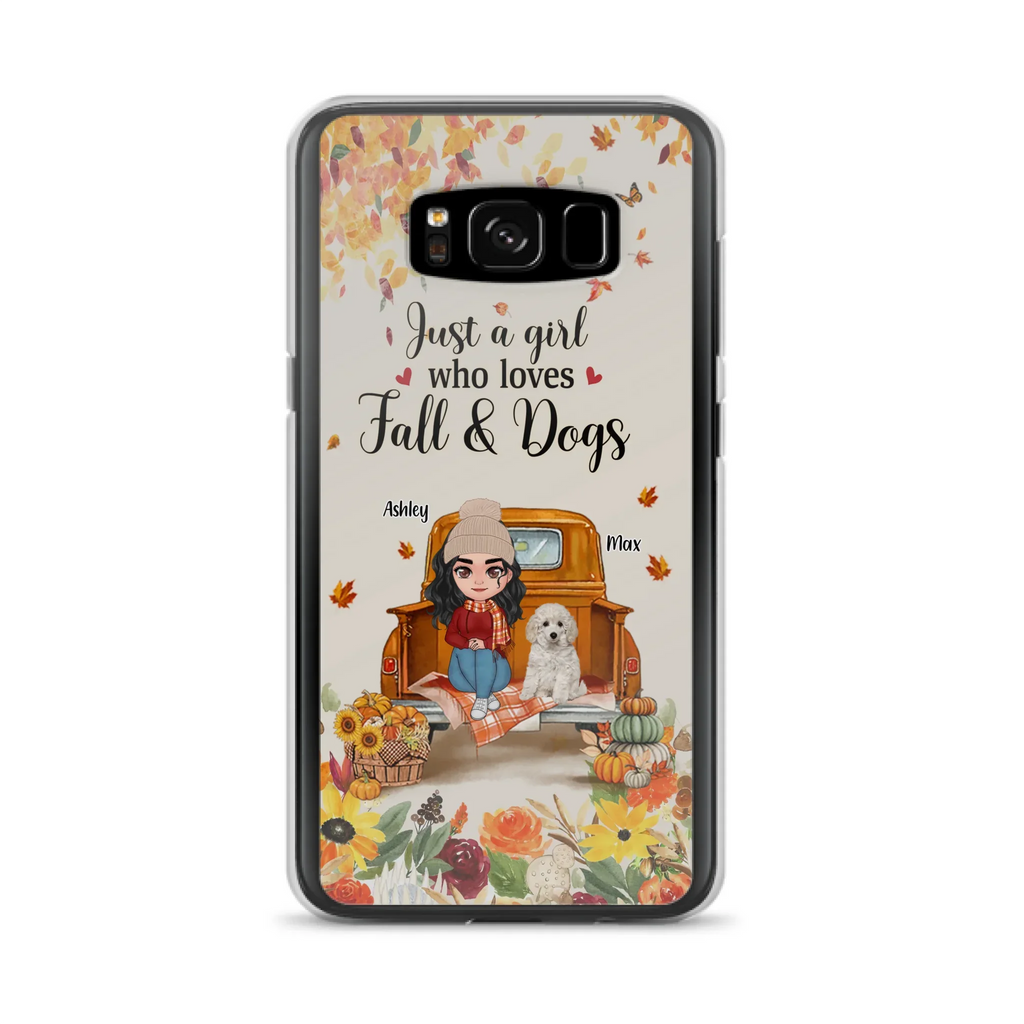 Custom Personalized Dog Mom Autumn Phone Case - Gift Idea For Dog Owners - Upto 5 Dogs -  Case For iPhone/Samsung - Just A Girl Who Loves Fall & Dogs
