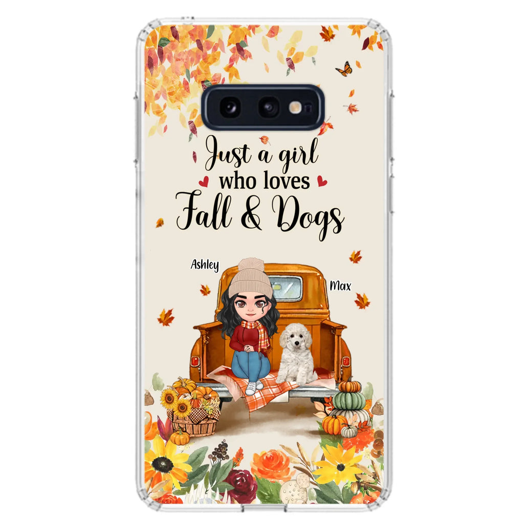 Custom Personalized Dog Mom Autumn Phone Case - Gift Idea For Dog Owners - Upto 5 Dogs -  Case For iPhone/Samsung - Just A Girl Who Loves Fall & Dogs