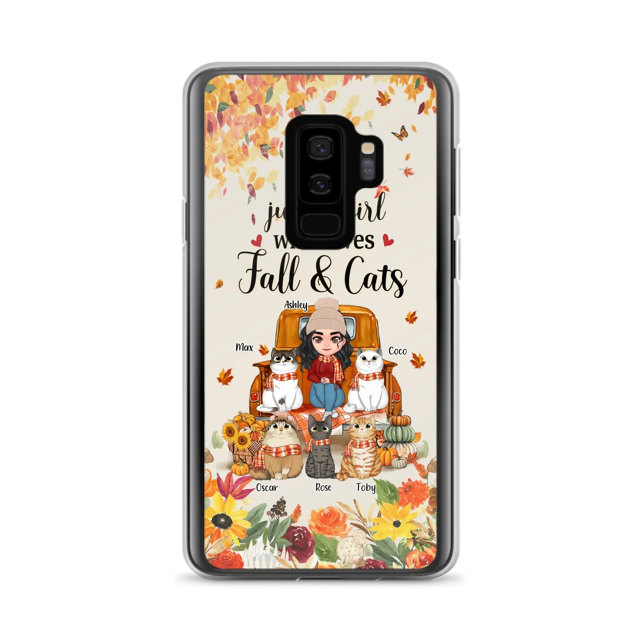 Custom Personalized Cat Mom Autumn Phone Case - Gift Idea For Cat Owners - Upto 5 Cats -  Case For iPhone/Samsung - Just A Girl Who Loves Fall & Cats