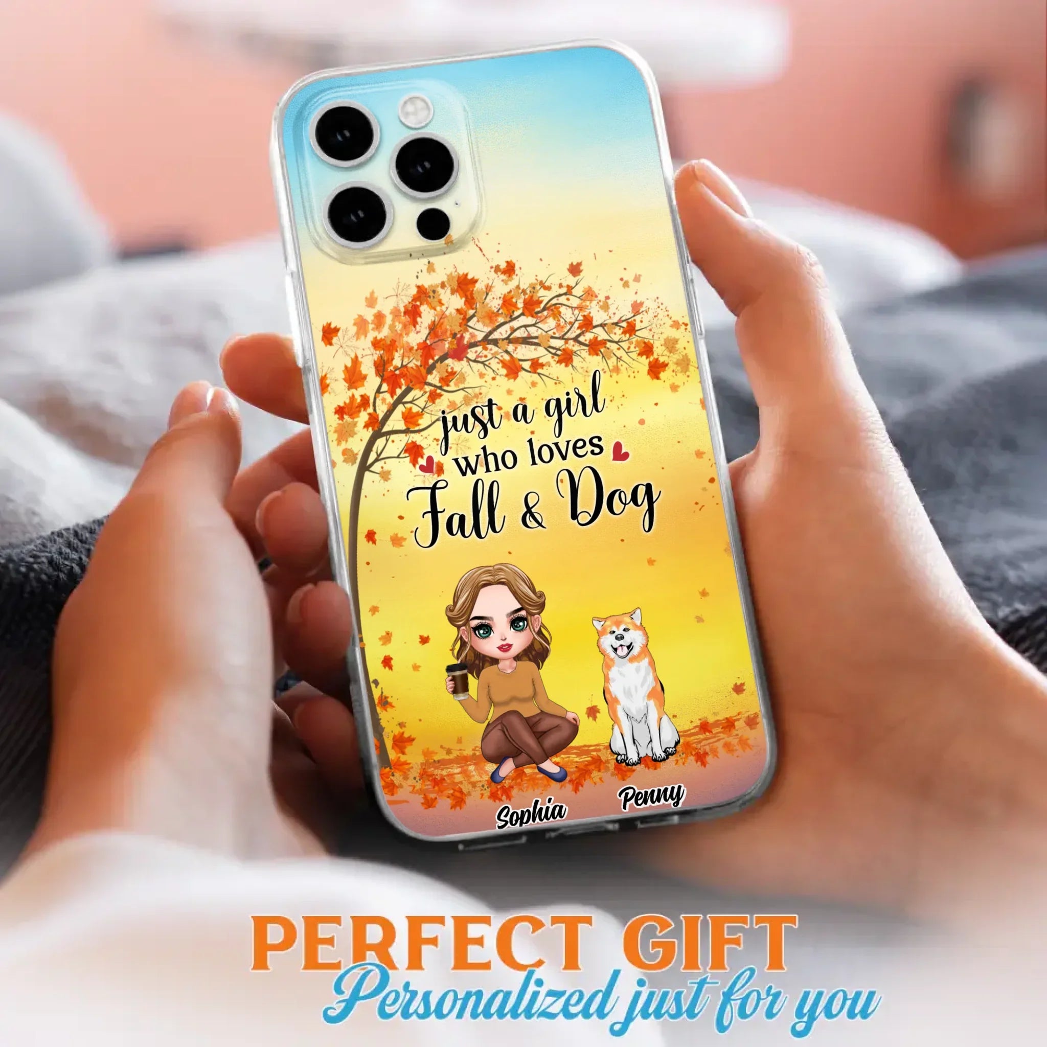 Custom Personalized Dog Mom Phone Case - Gift Idea For Dog Lovers/ Autumn Gift - Upto 4 Dogs - Just A Girl Who Loves Fall & Dogs - Case For iPhone/Samsung