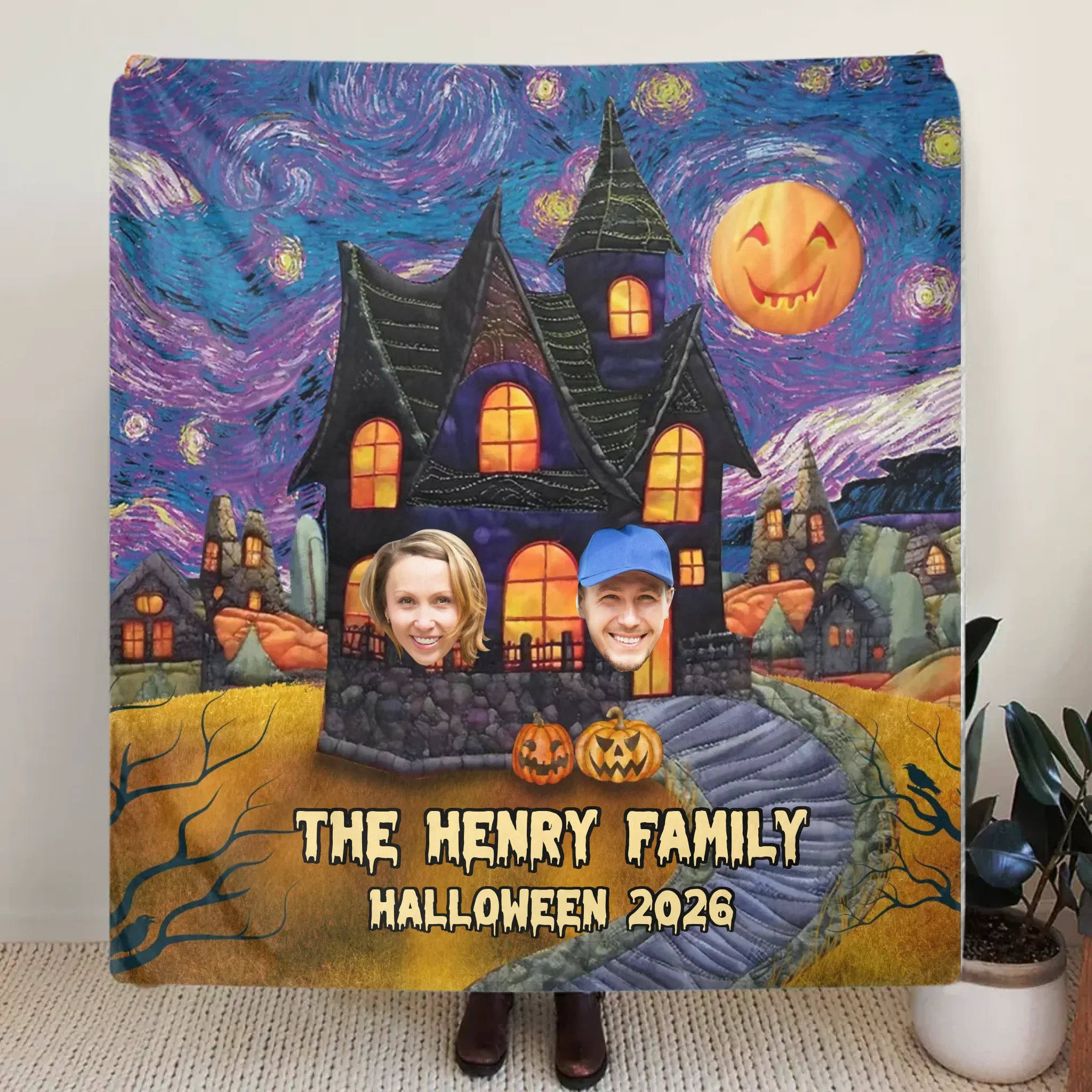 Personalized Halloween Family Quilt/Fleece Throw Blanket - Upload Up to 9 Photos - Gift Idea For Halloween/Family - Halloween 2026