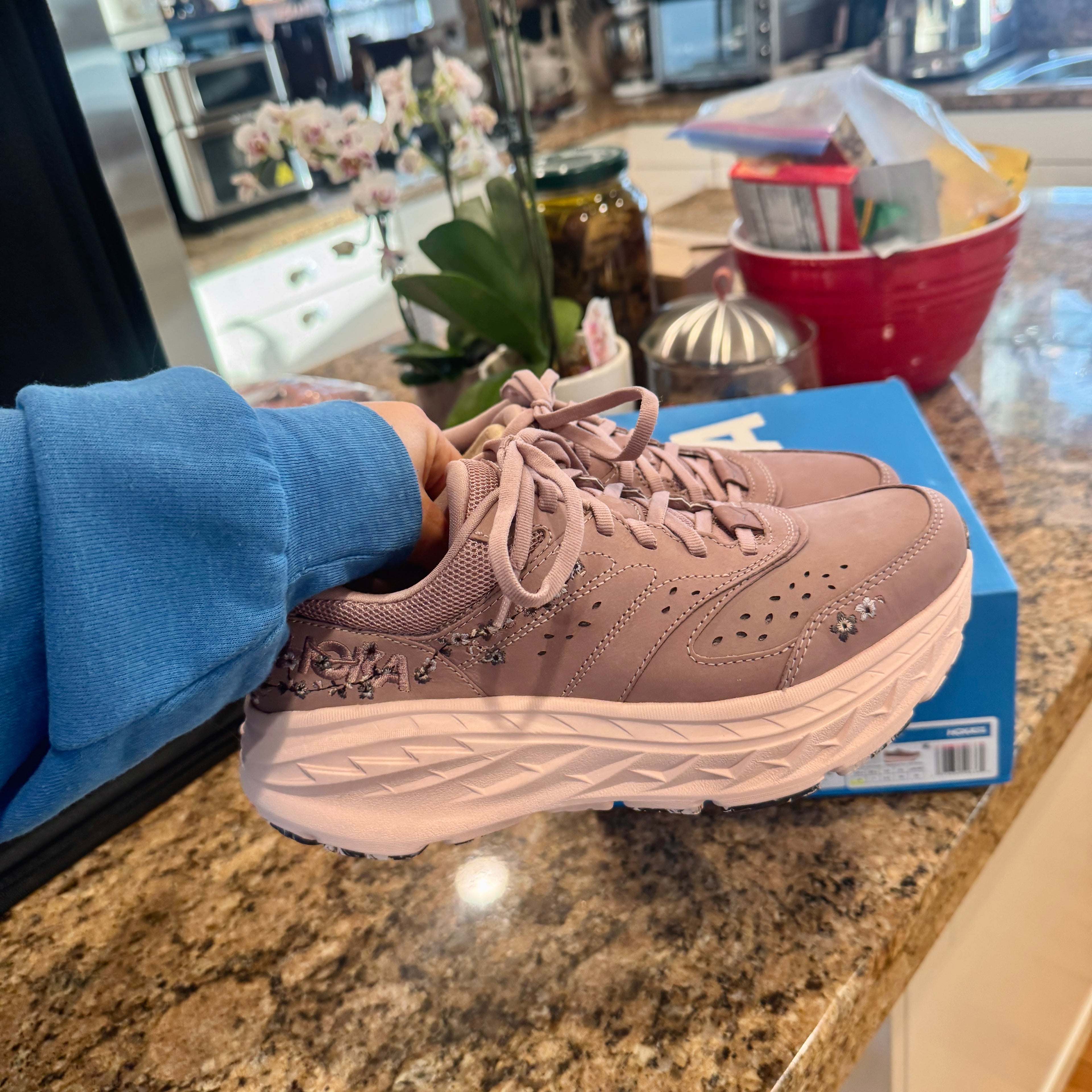 Hoka Bondi L Leather Embroidered Sneakers Unisex BP Vibrant Bloom