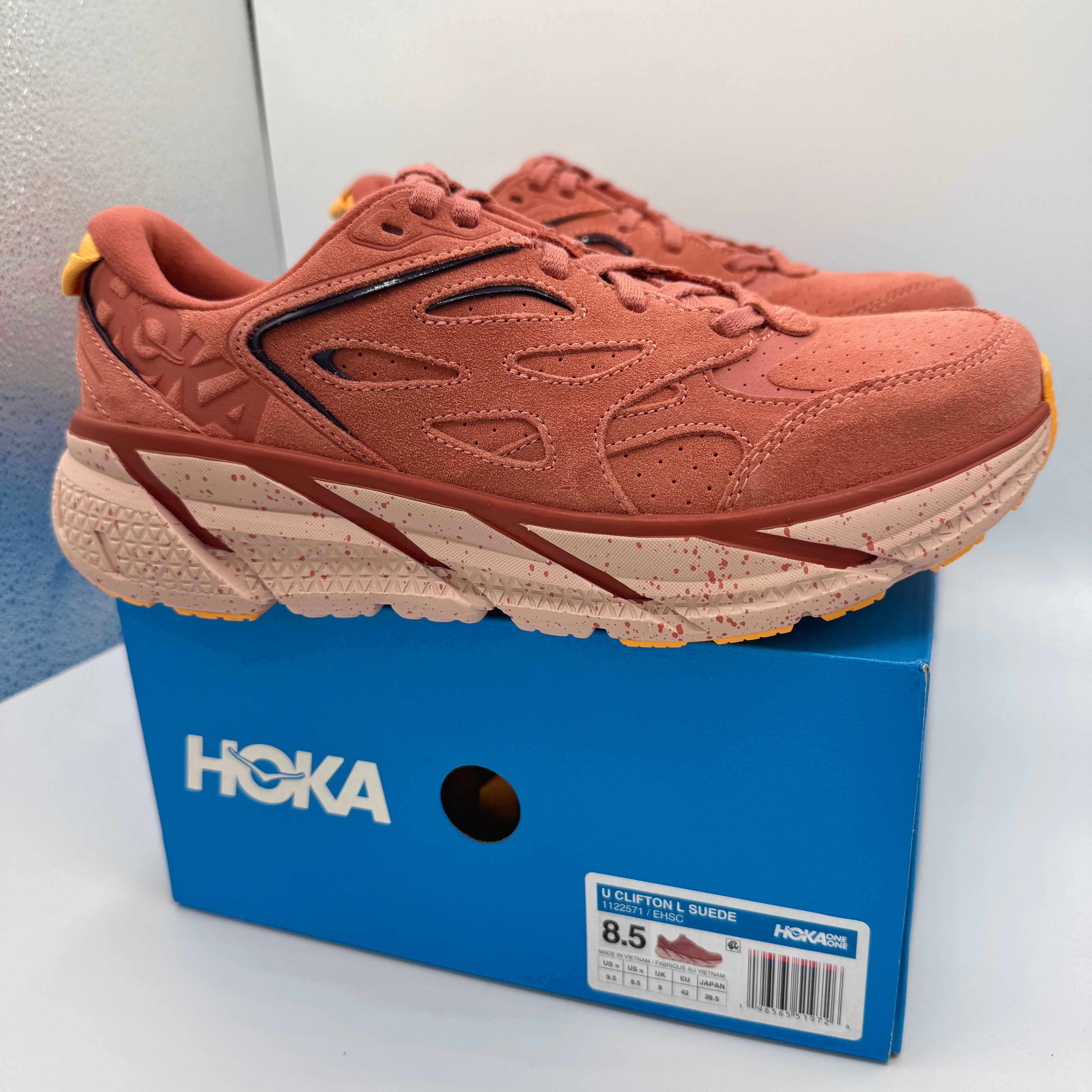 Hoka Clifton L Suede in Earthenware/ Hot Sauce Red Unisex Leather Sneakers