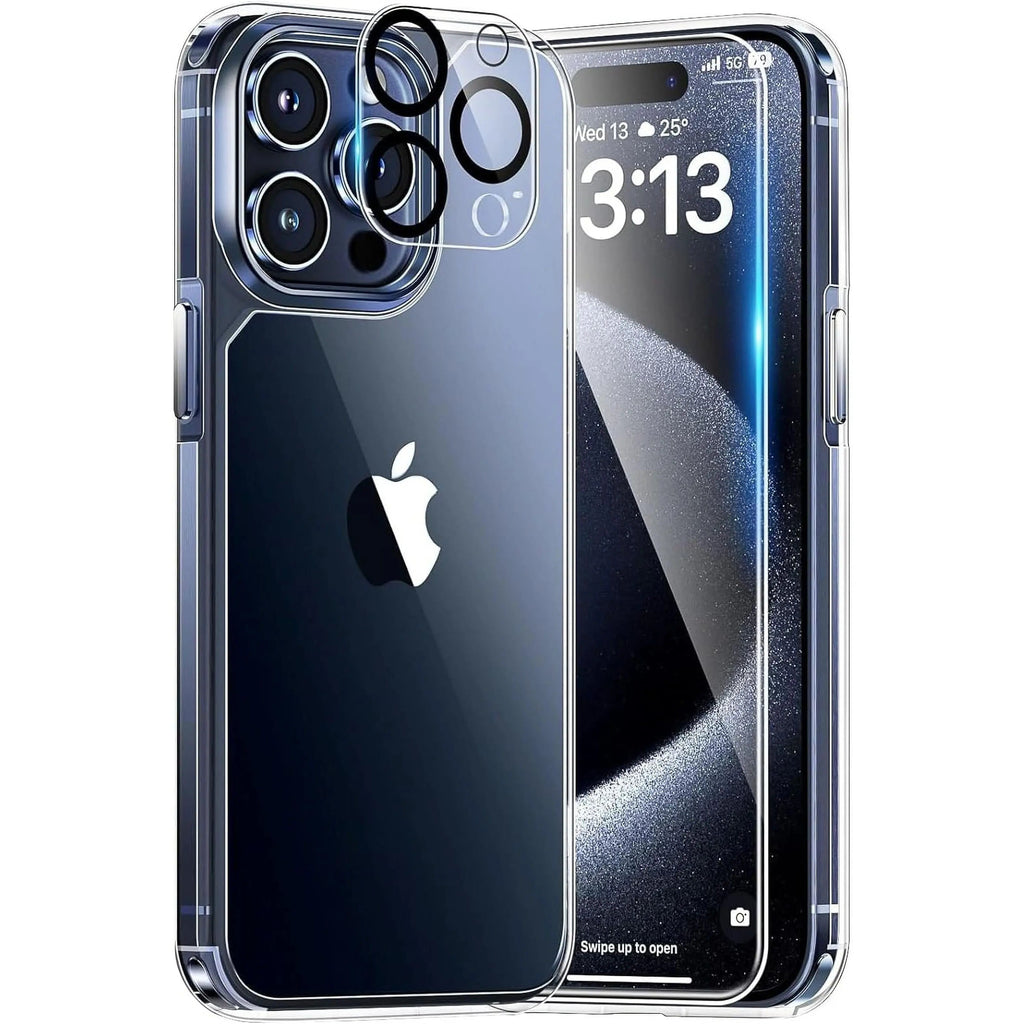 Entronix Bundle Compatible with iPhone 15 Pro - [Hard Back] Clear Case, 1 Clear Screen Protector & 1 Camera Lens Protector