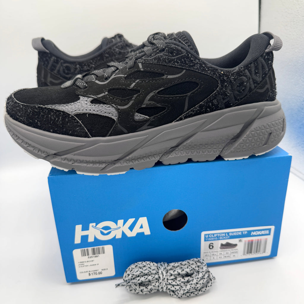 Hoka Clifton Elite Terrain System L Suede Leather Black Grey Unisex Sneakers
