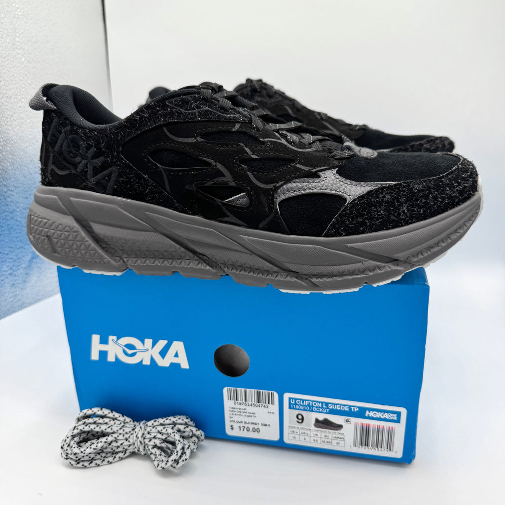 Hoka Clifton Elite Terrain System L Suede Leather Black Grey Unisex Sneakers