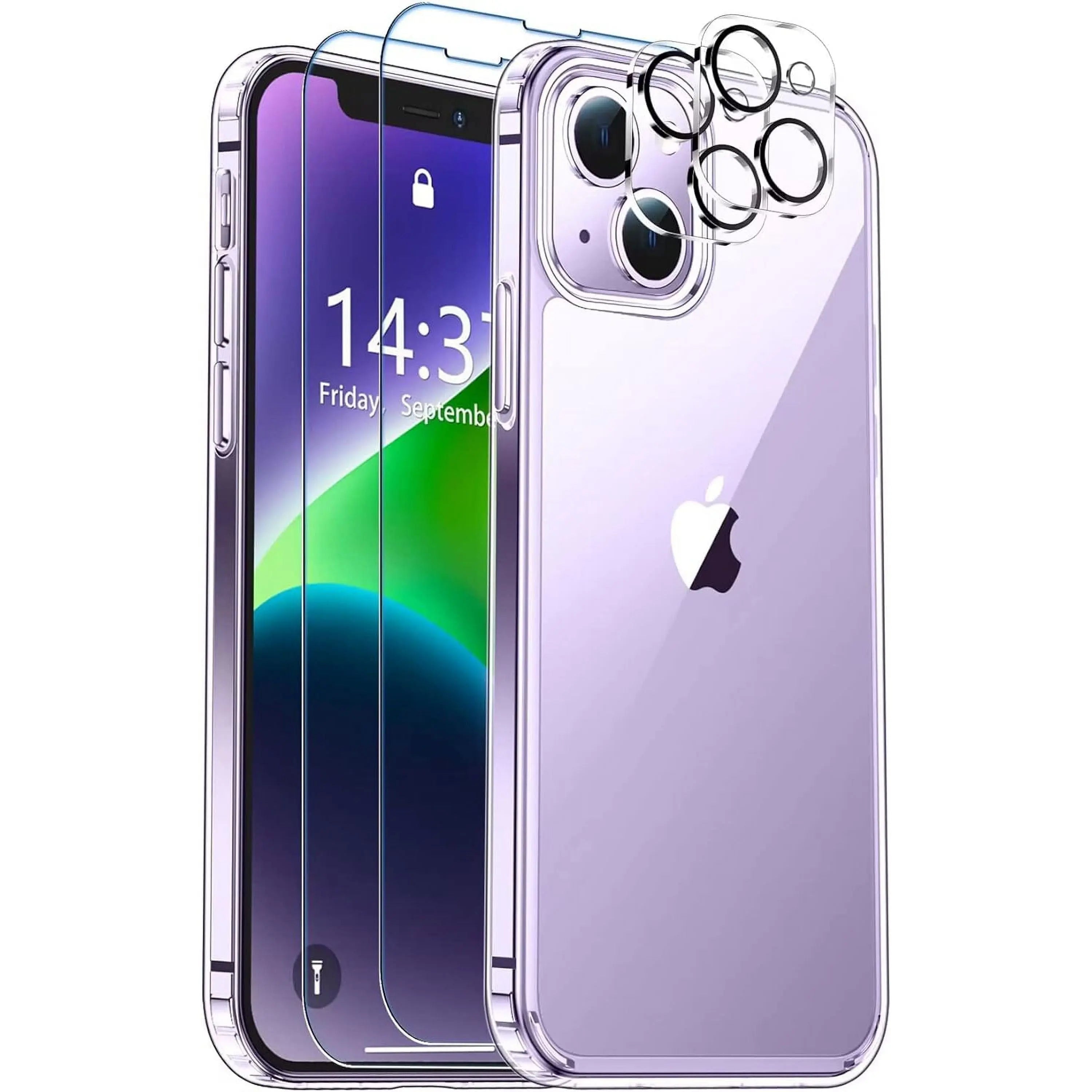 Entronix Bundle Compatible with iPhone 14 - [Hard Back] Clear Case, 2 Clear Screen Protector & 2 Camera Lens Protectors