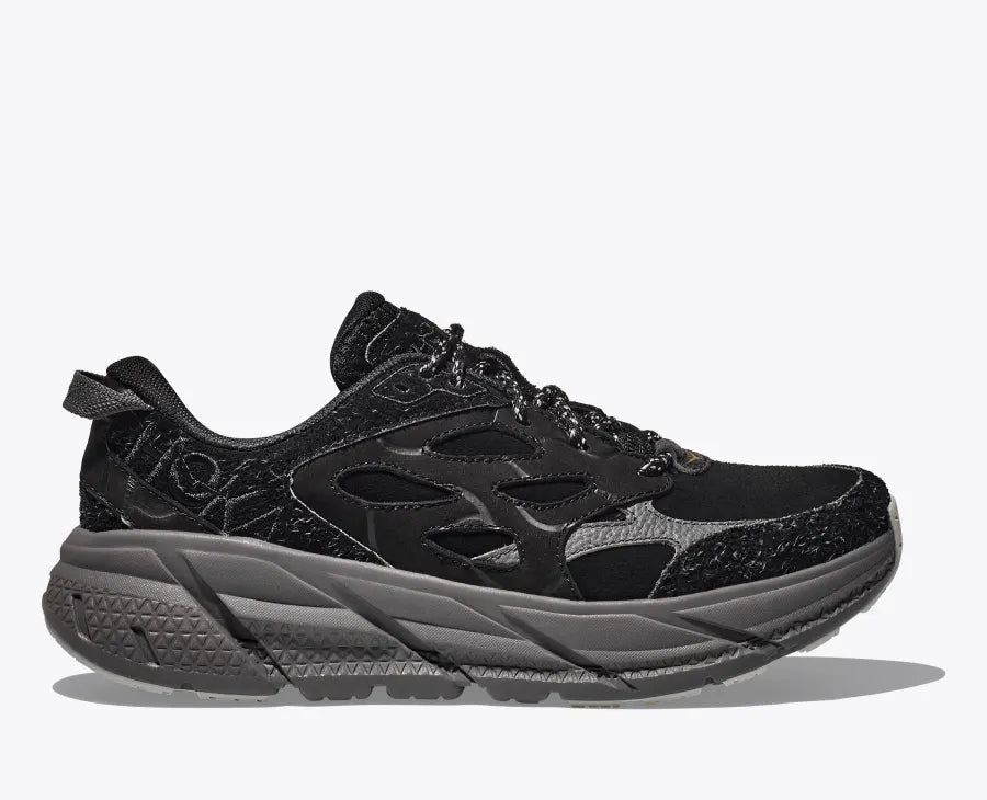 Hoka Clifton Elite Terrain System L Suede Leather Black Grey Unisex Sneakers