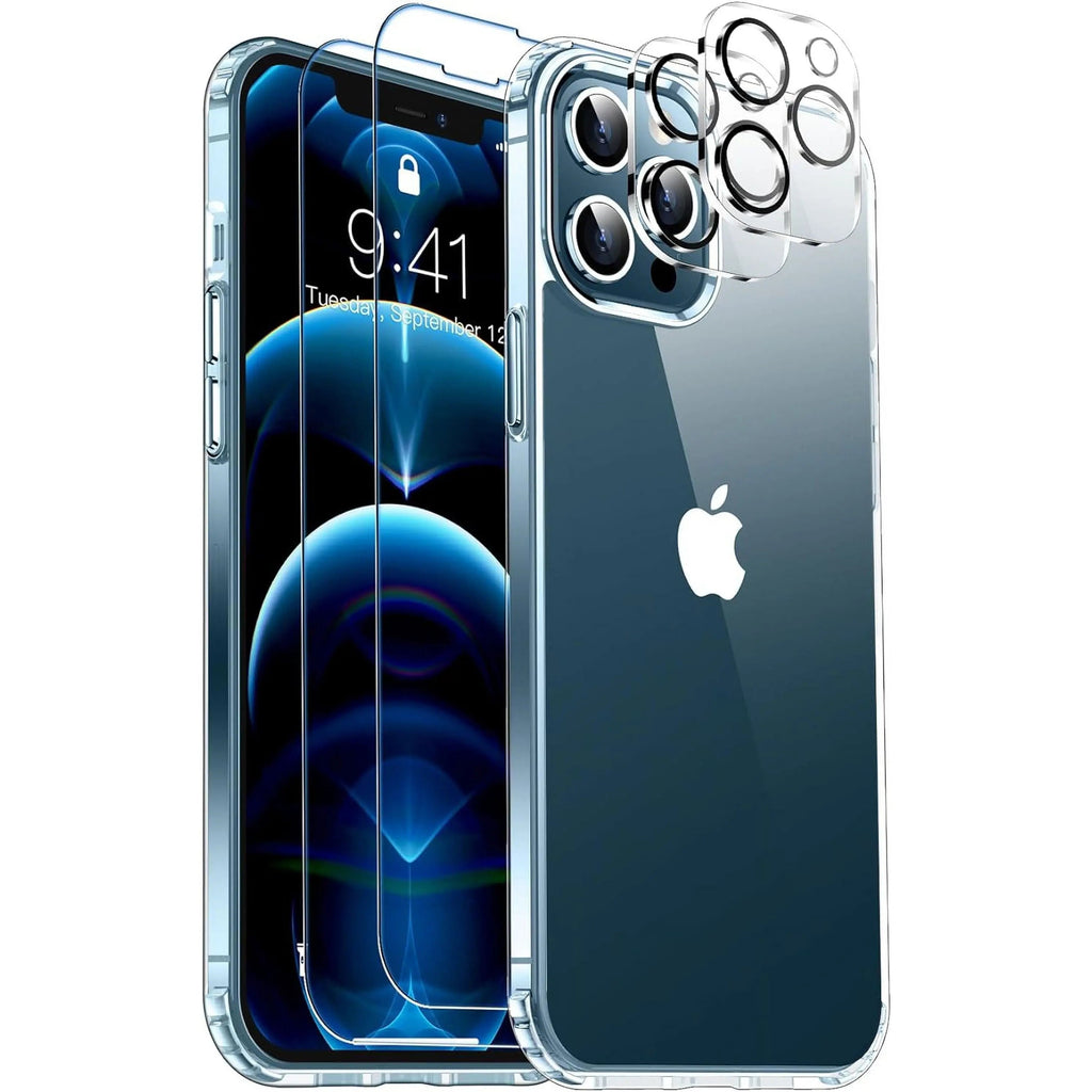 Entronix Bundle Compatible with iPhone 12 Pro - [Hard Back] Clear Case, 2 Clear Screen Protector & 2 Camera Lens Protectors