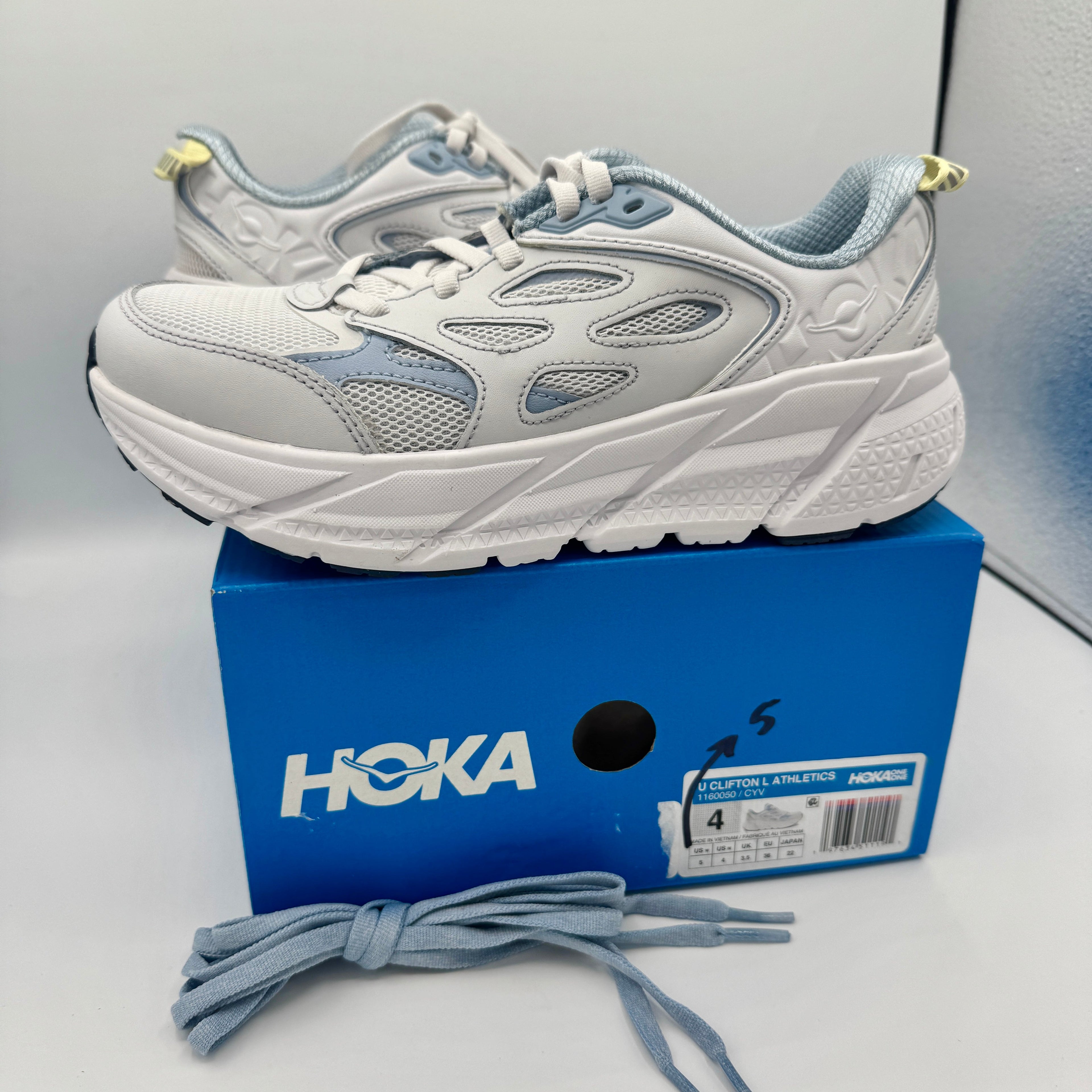 Hoka Clifton L Leather in Cosmic Grey / Varsity Navy Blue Unisex All Gender