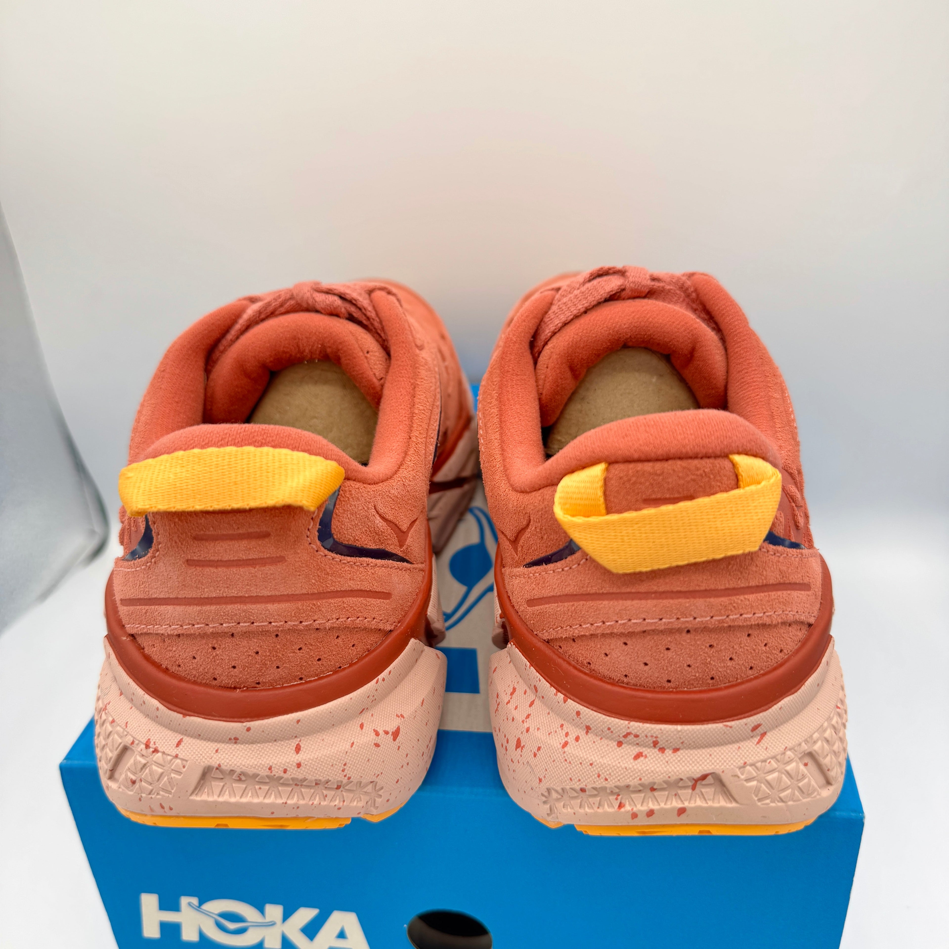 Hoka Clifton L Suede in Earthenware/ Hot Sauce Red Unisex Leather Sneakers