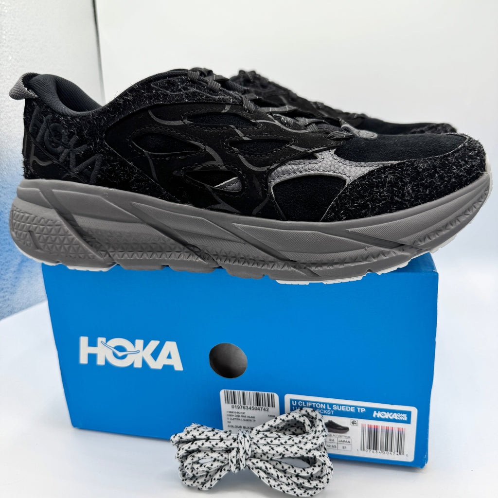 Hoka Clifton Elite Terrain System L Suede Leather Black Grey Unisex Sneakers