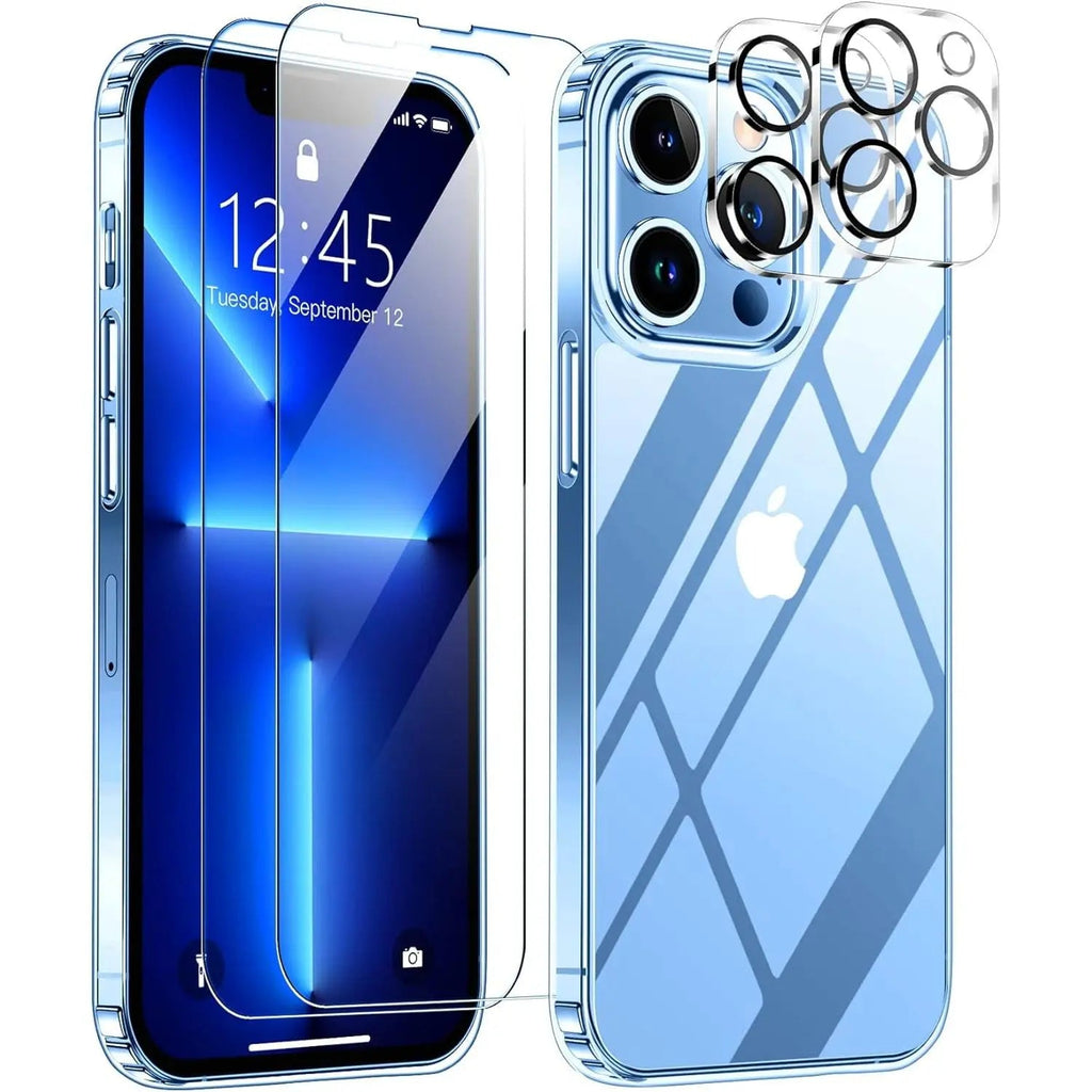Entronix Bundle Compatible with iPhone 13 Pro - [Hard Back] Clear Case, 2 Clear Screen Protector & 2 Camera Lens Protectors
