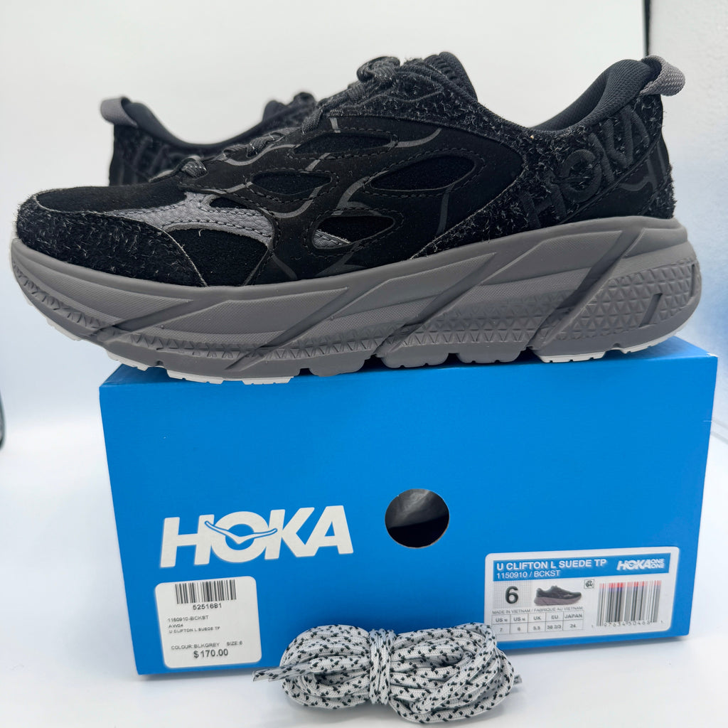 Hoka Clifton Elite Terrain System L Suede Leather Black Grey Unisex Sneakers
