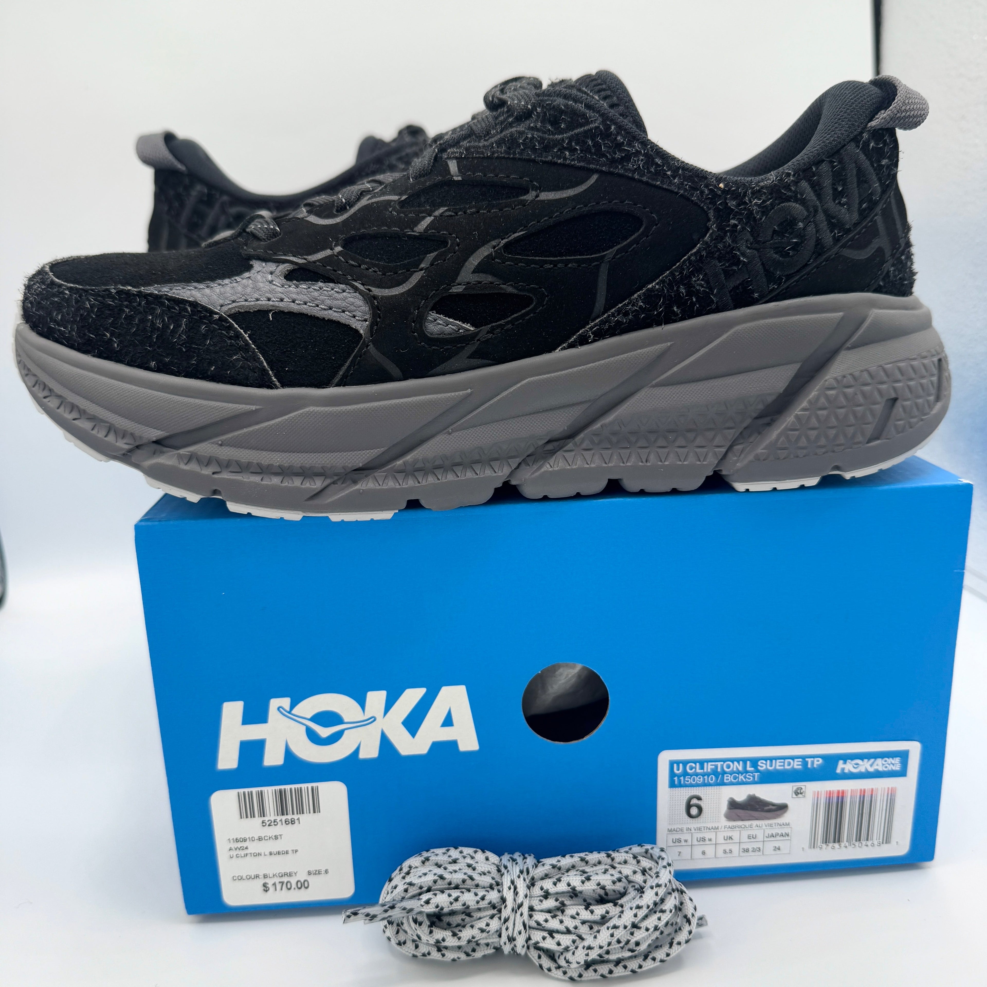 Hoka Clifton Elite Terrain System L Suede Leather Black Grey Unisex Sneakers