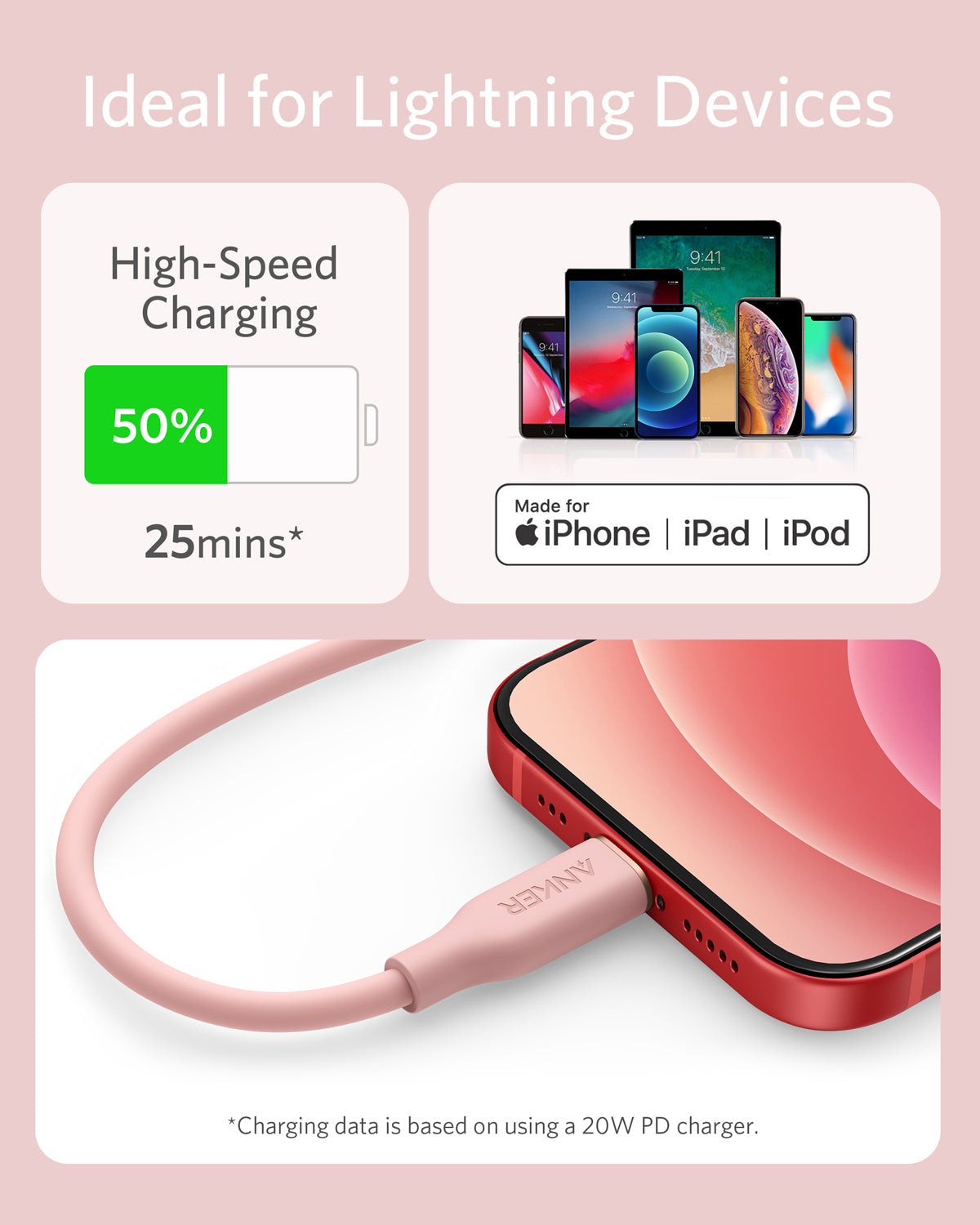 Anker <b>641</b> USB-C to Lightning Cable (Flow, 3 ft Silicone)