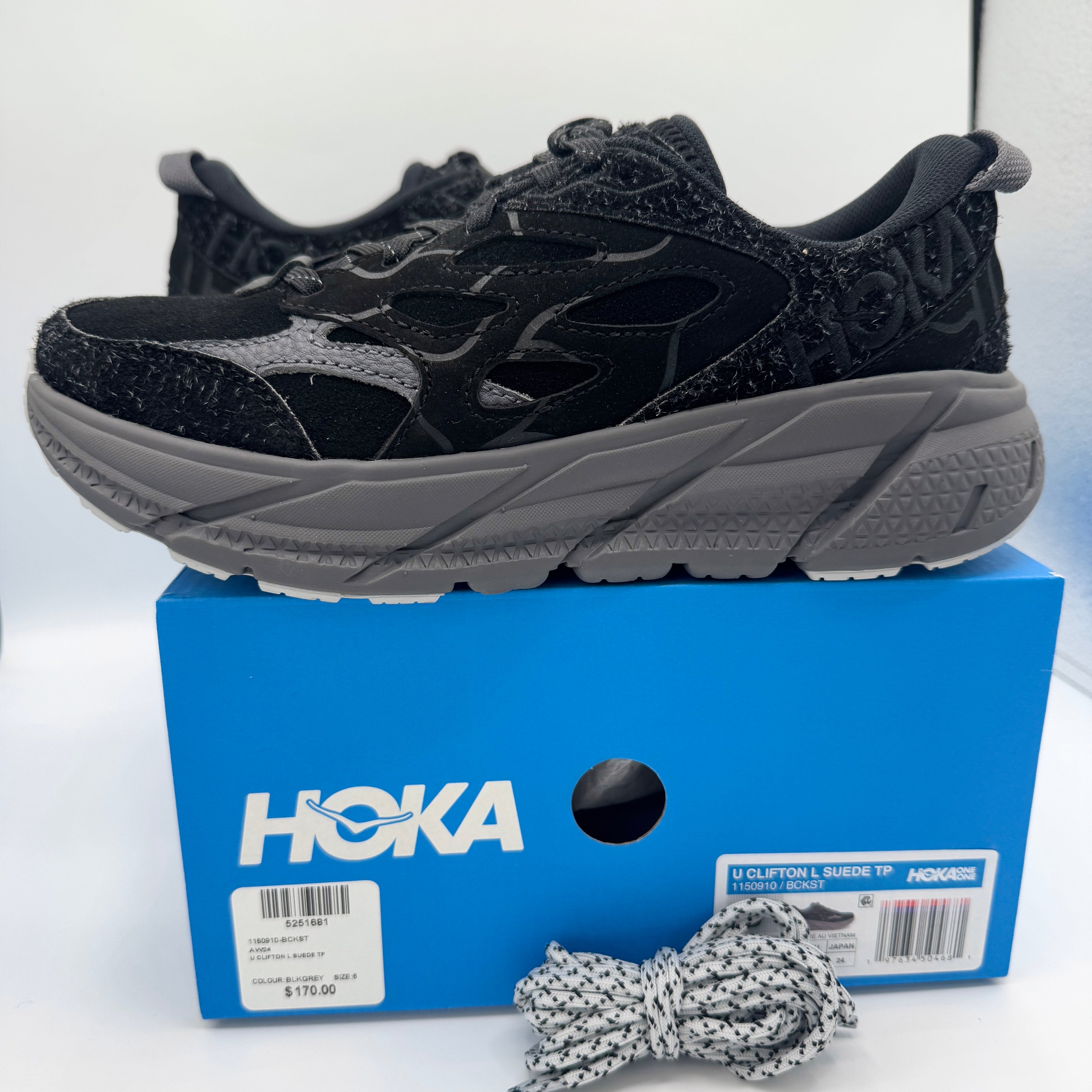 Hoka Clifton Elite Terrain System L Suede Leather Black Grey Unisex Sneakers