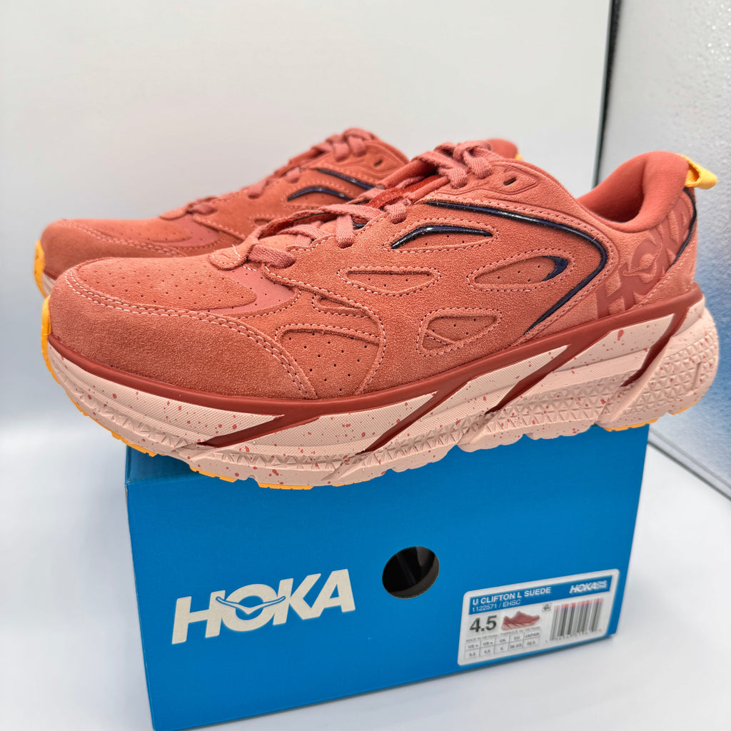 Hoka Clifton L Suede in Earthenware/ Hot Sauce Red Unisex Leather Sneakers