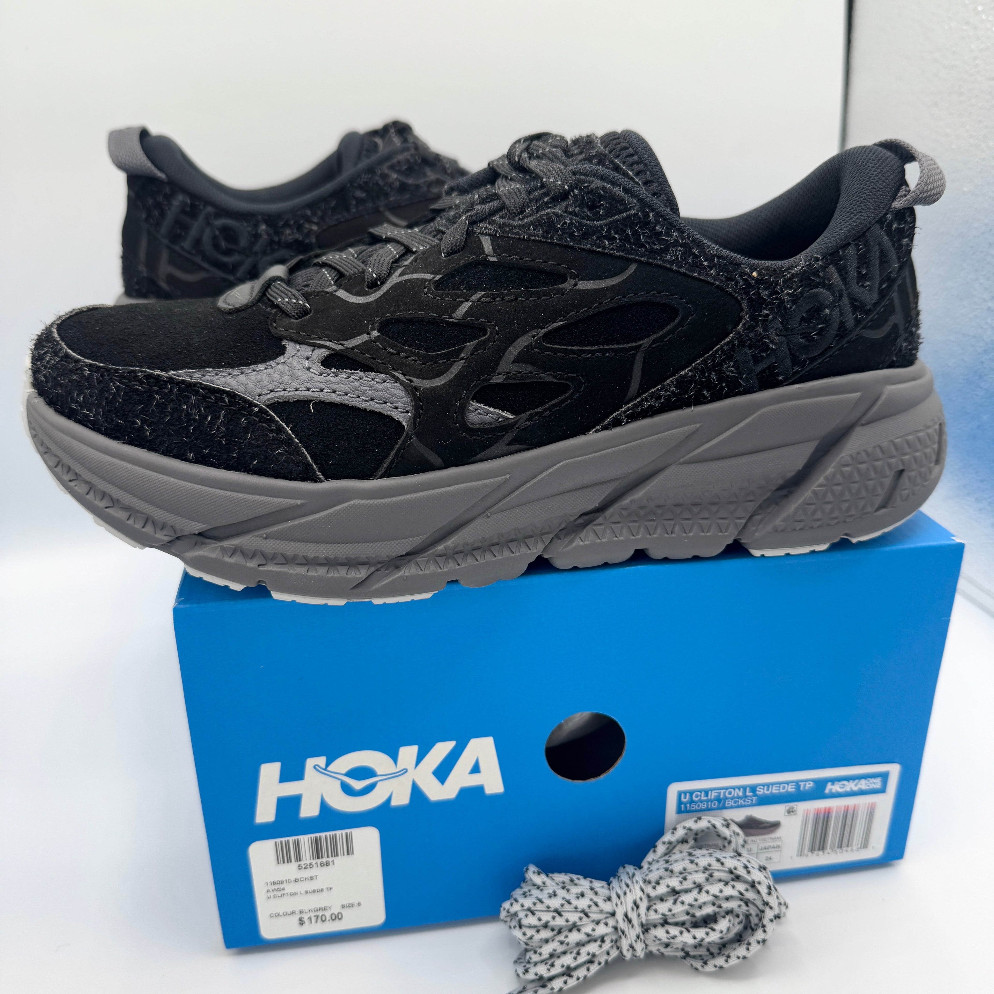 Hoka Clifton Elite Terrain System L Suede Leather Black Grey Unisex Sneakers