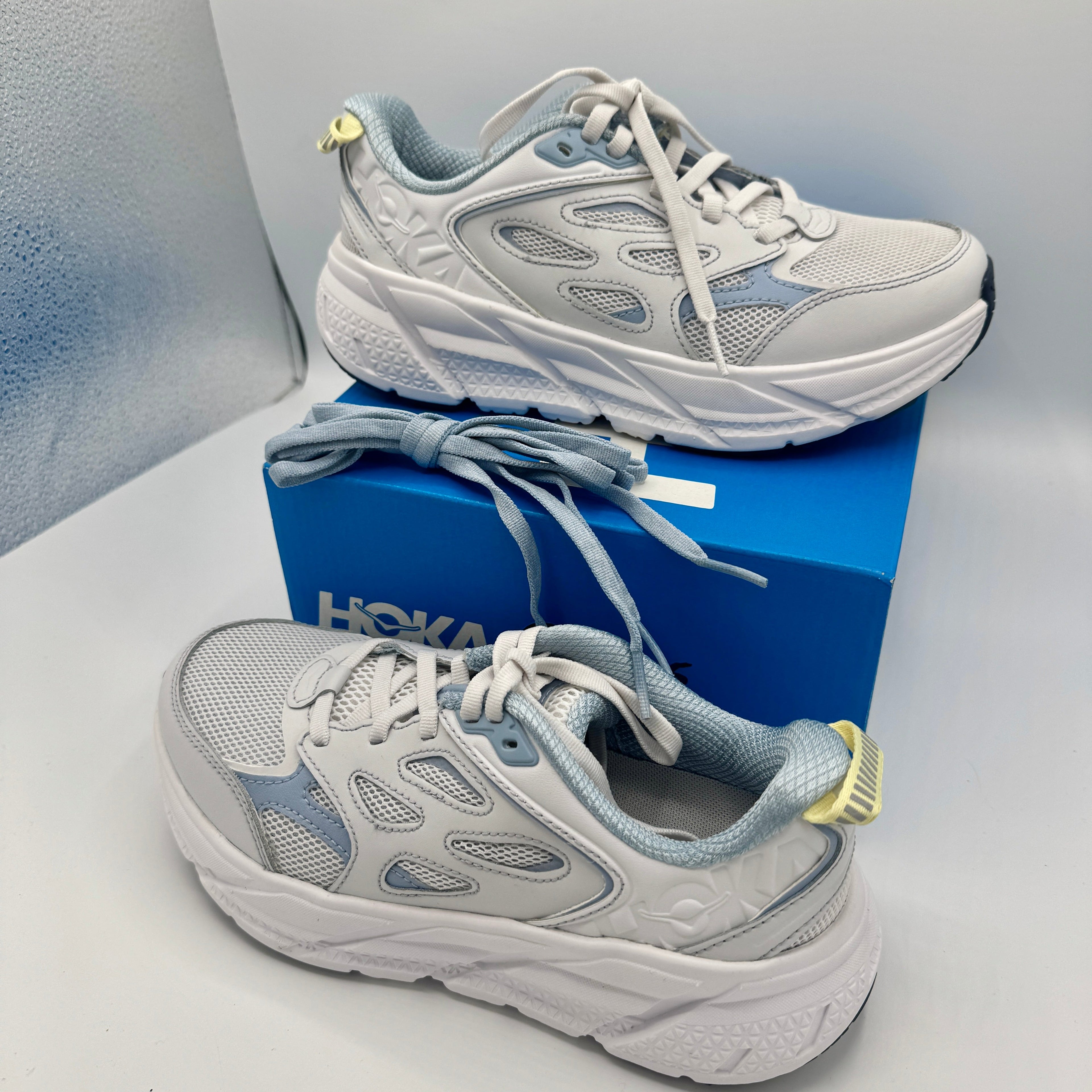 Hoka Clifton L Leather in Cosmic Grey / Varsity Navy Blue Unisex All Gender