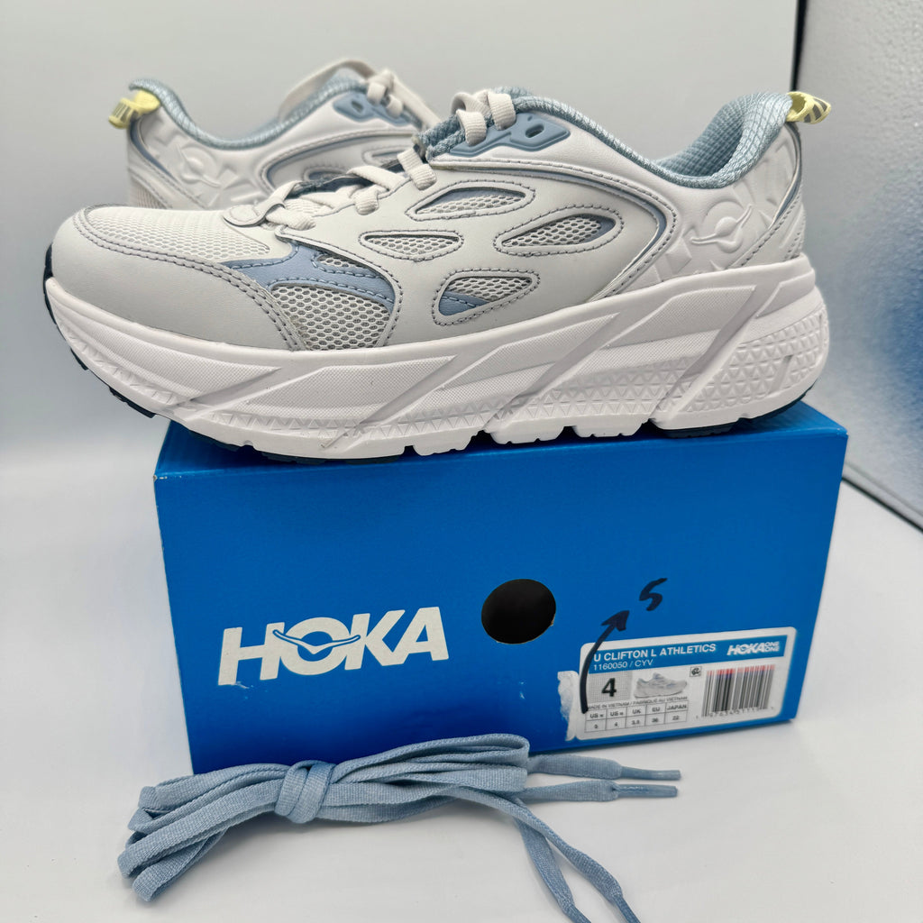 Hoka Clifton L Leather in Cosmic Grey / Varsity Navy Blue Unisex All Gender