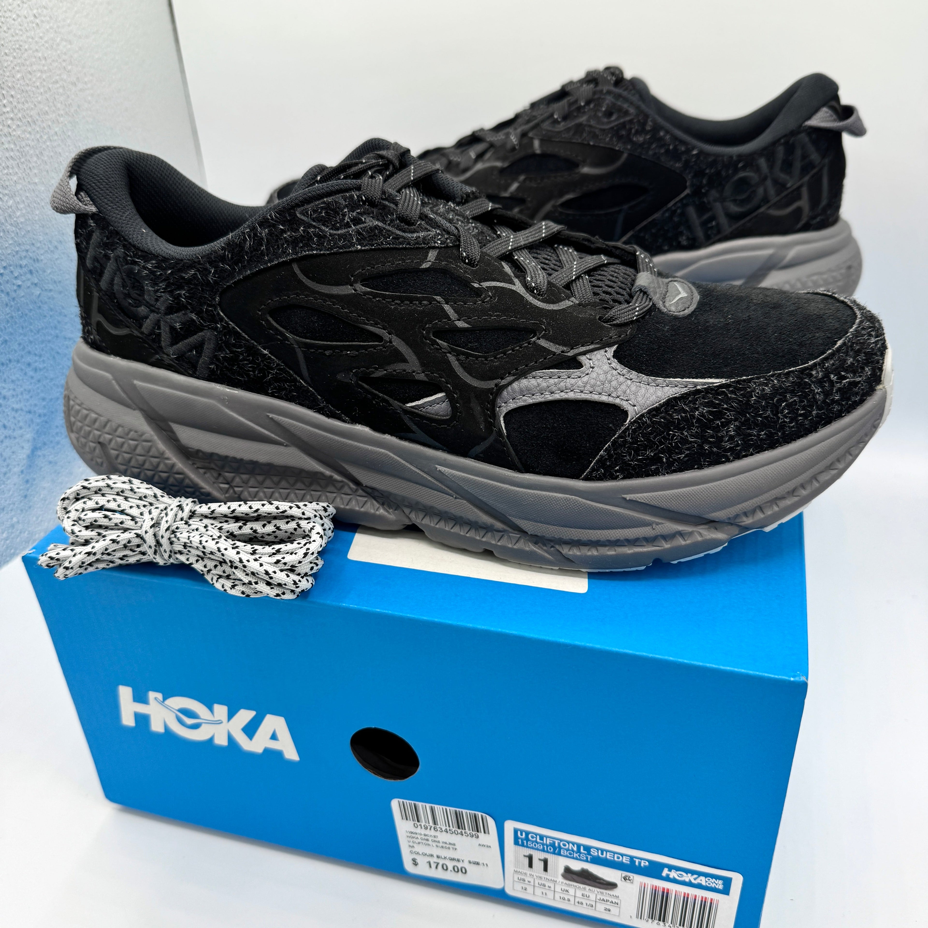 Hoka Clifton Elite Terrain System L Suede Leather Black Grey Unisex Sneakers