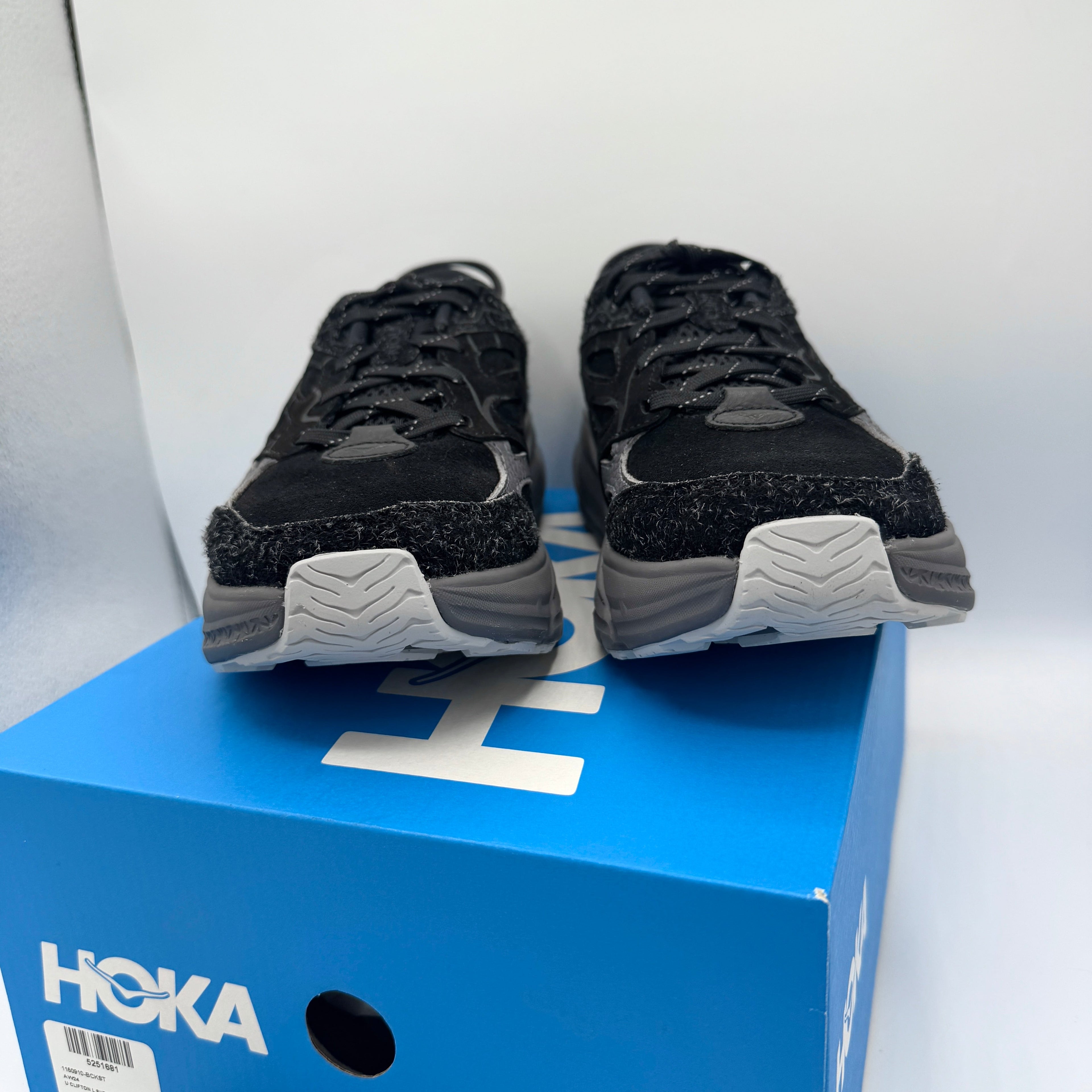 Hoka Clifton Elite Terrain System L Suede Leather Black Grey Unisex Sneakers