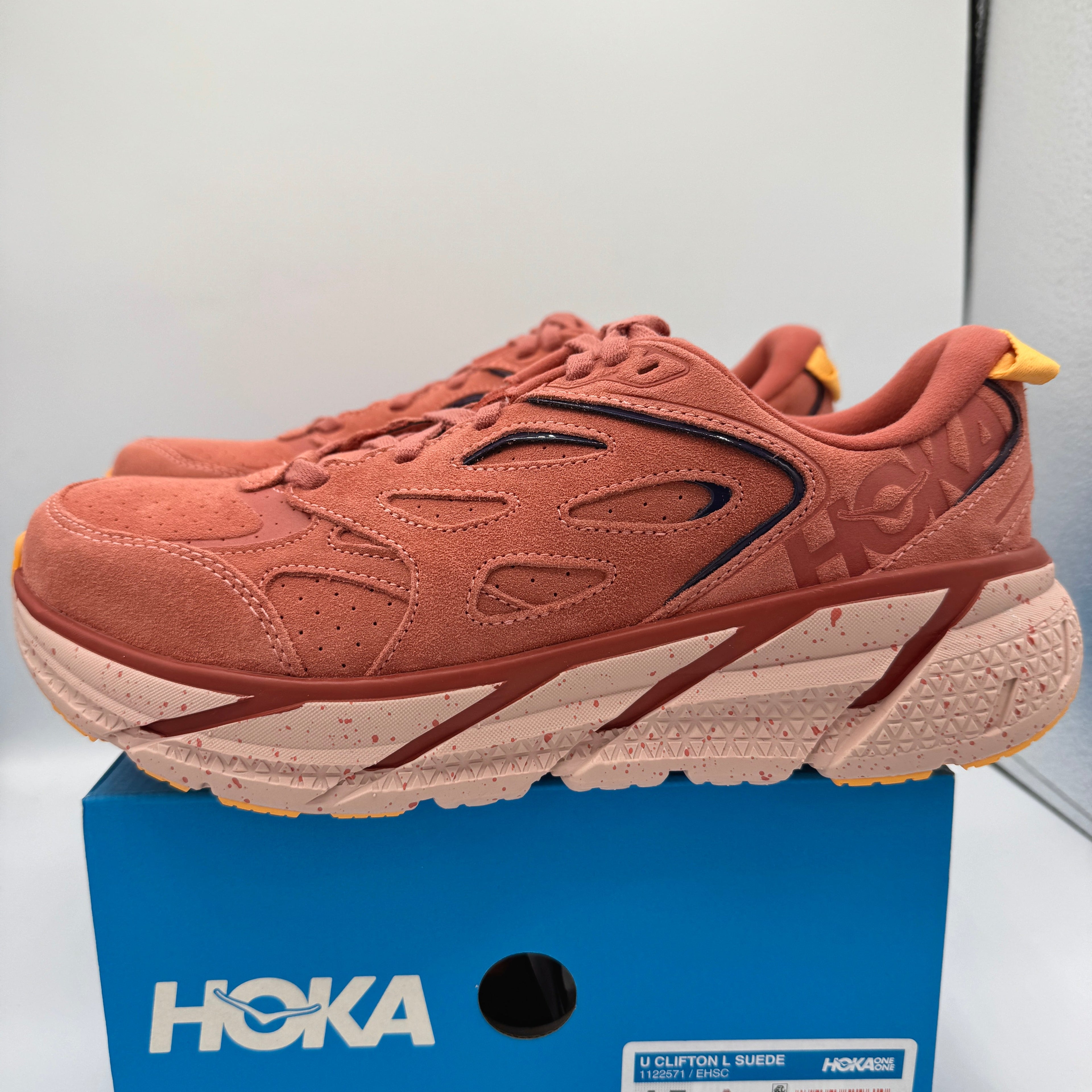 Hoka Clifton L Suede in Earthenware/ Hot Sauce Red Unisex Leather Sneakers