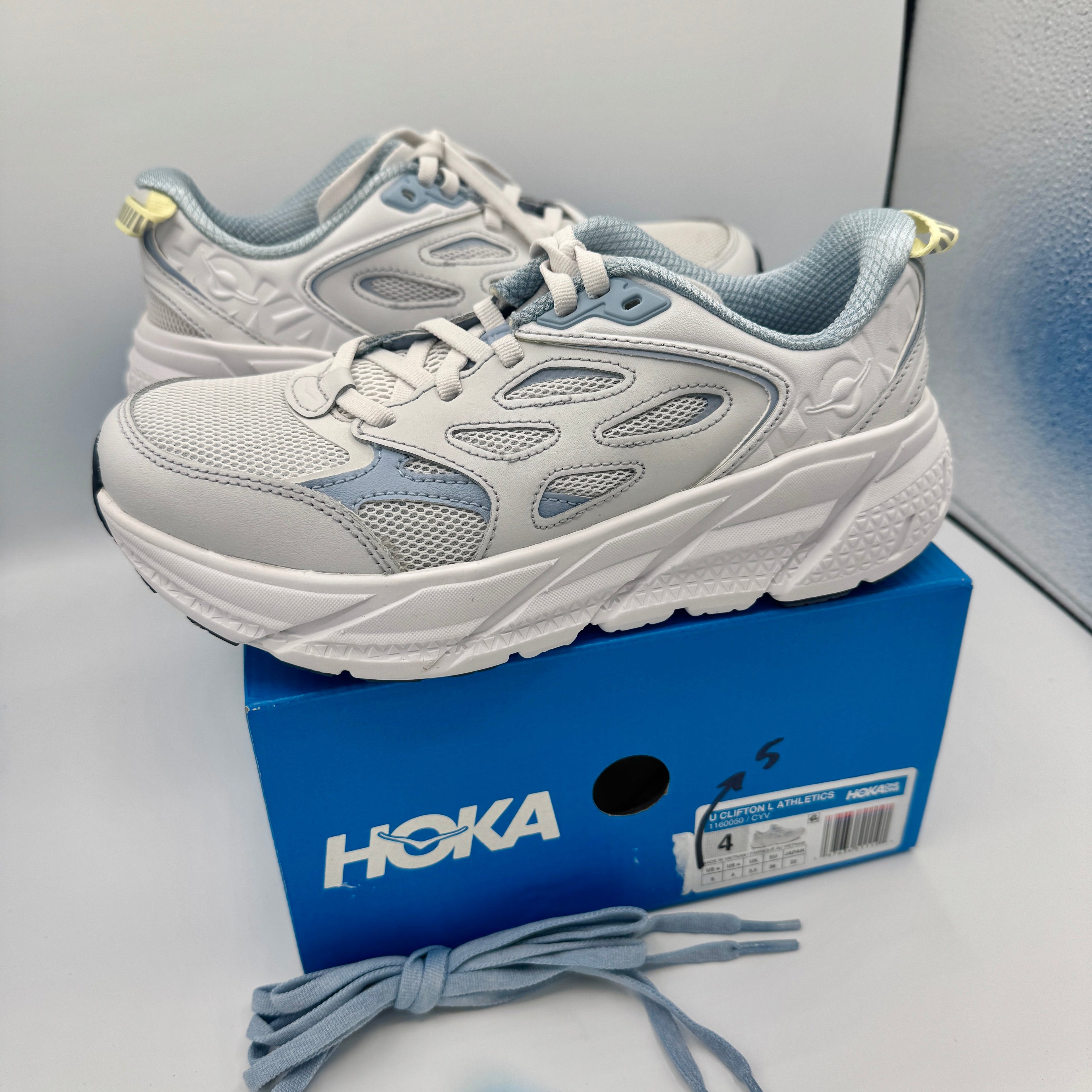 Hoka Clifton L Leather in Cosmic Grey / Varsity Navy Blue Unisex All Gender