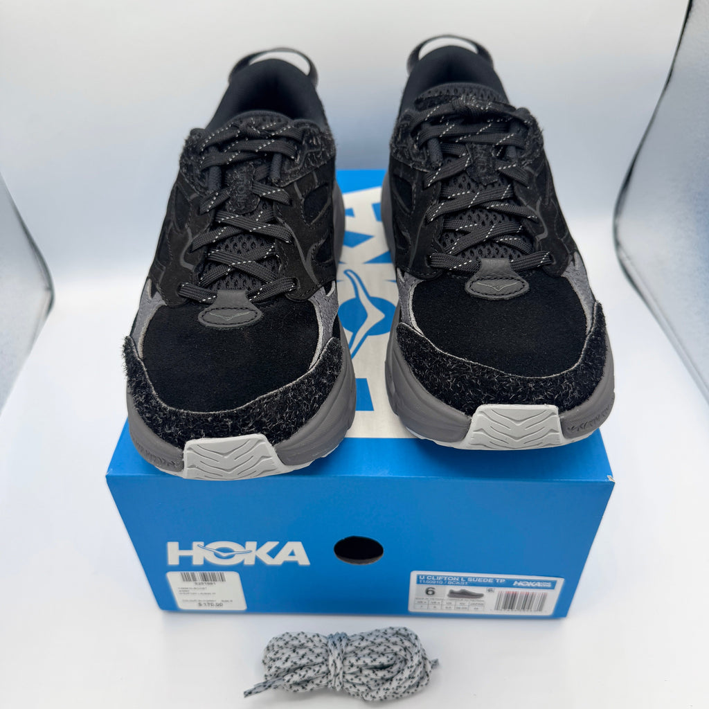 Hoka Clifton Elite Terrain System L Suede Leather Black Grey Unisex Sneakers