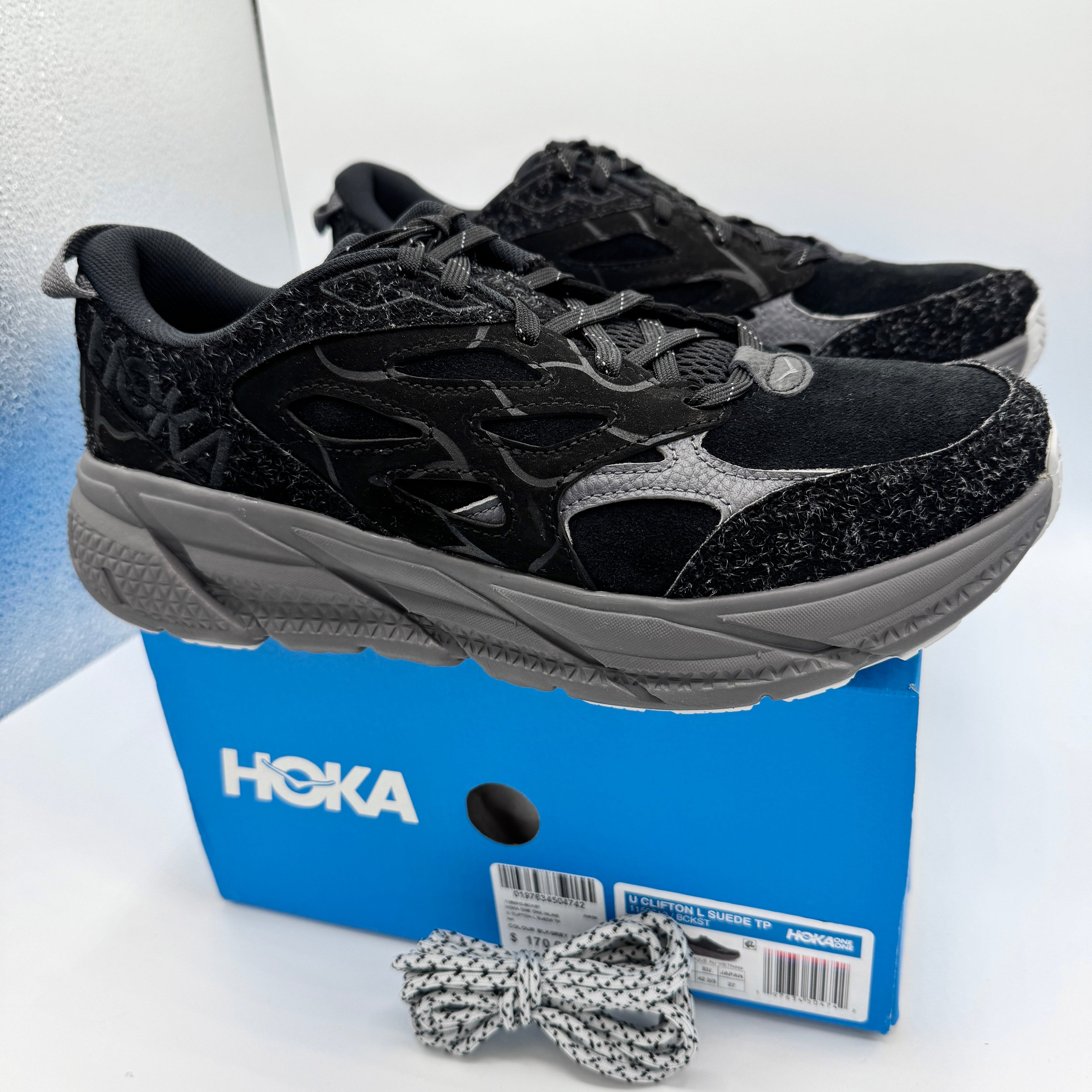 Hoka Clifton Elite Terrain System L Suede Leather Black Grey Unisex Sneakers