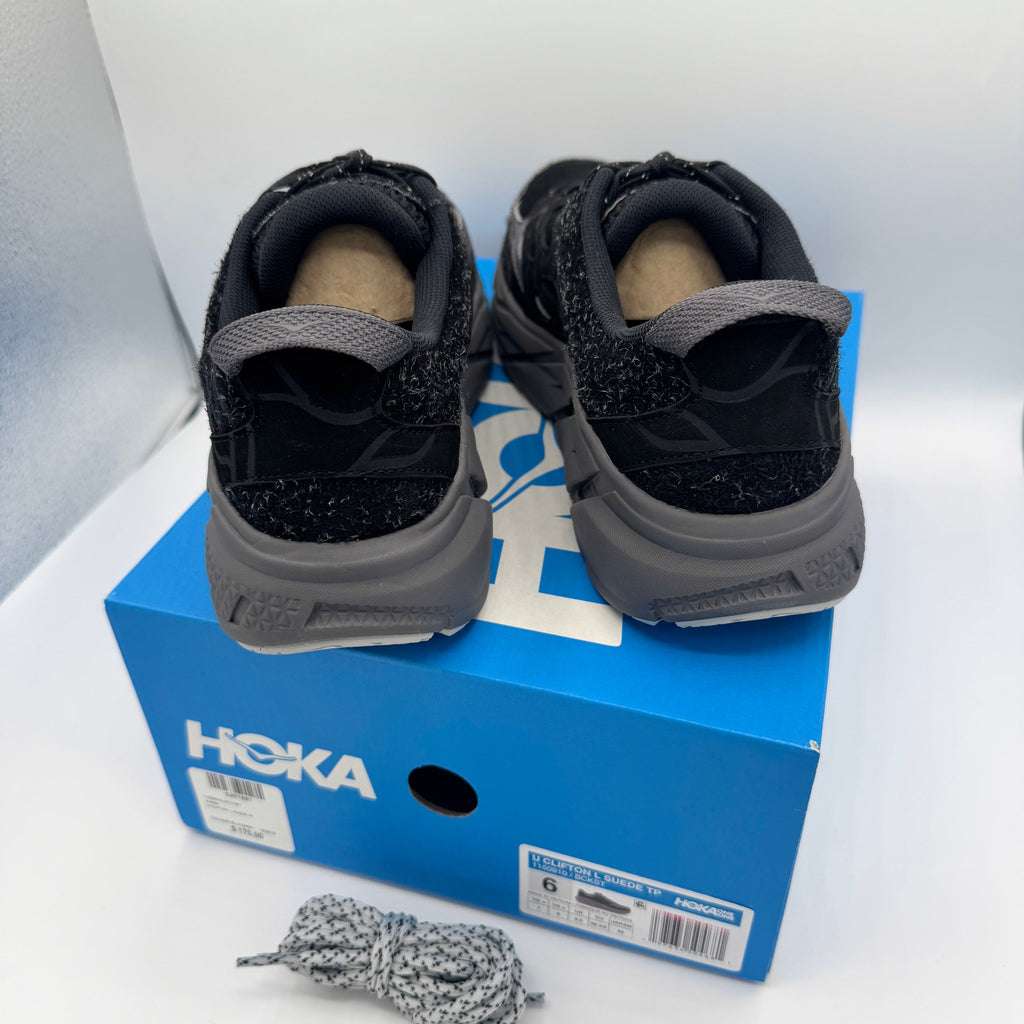Hoka Clifton Elite Terrain System L Suede Leather Black Grey Unisex Sneakers