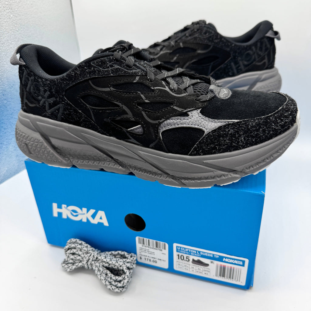 Hoka Clifton Elite Terrain System L Suede Leather Black Grey Unisex Sneakers