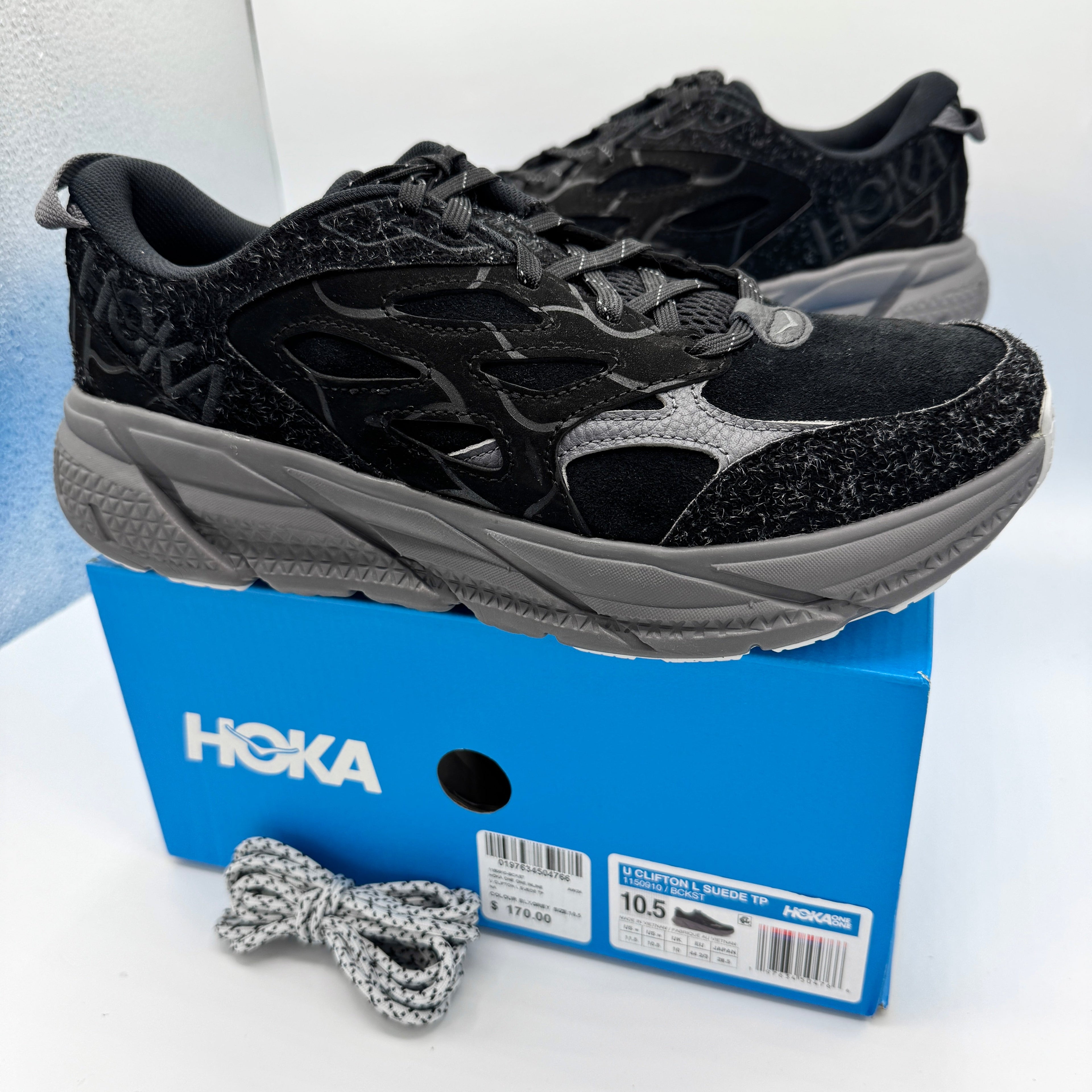 Hoka Clifton Elite Terrain System L Suede Leather Black Grey Unisex Sneakers