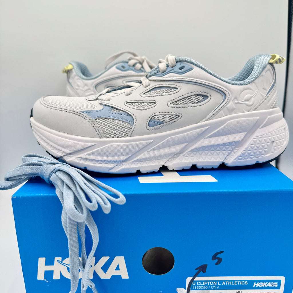 Hoka Clifton L Leather in Cosmic Grey / Varsity Navy Blue Unisex All Gender