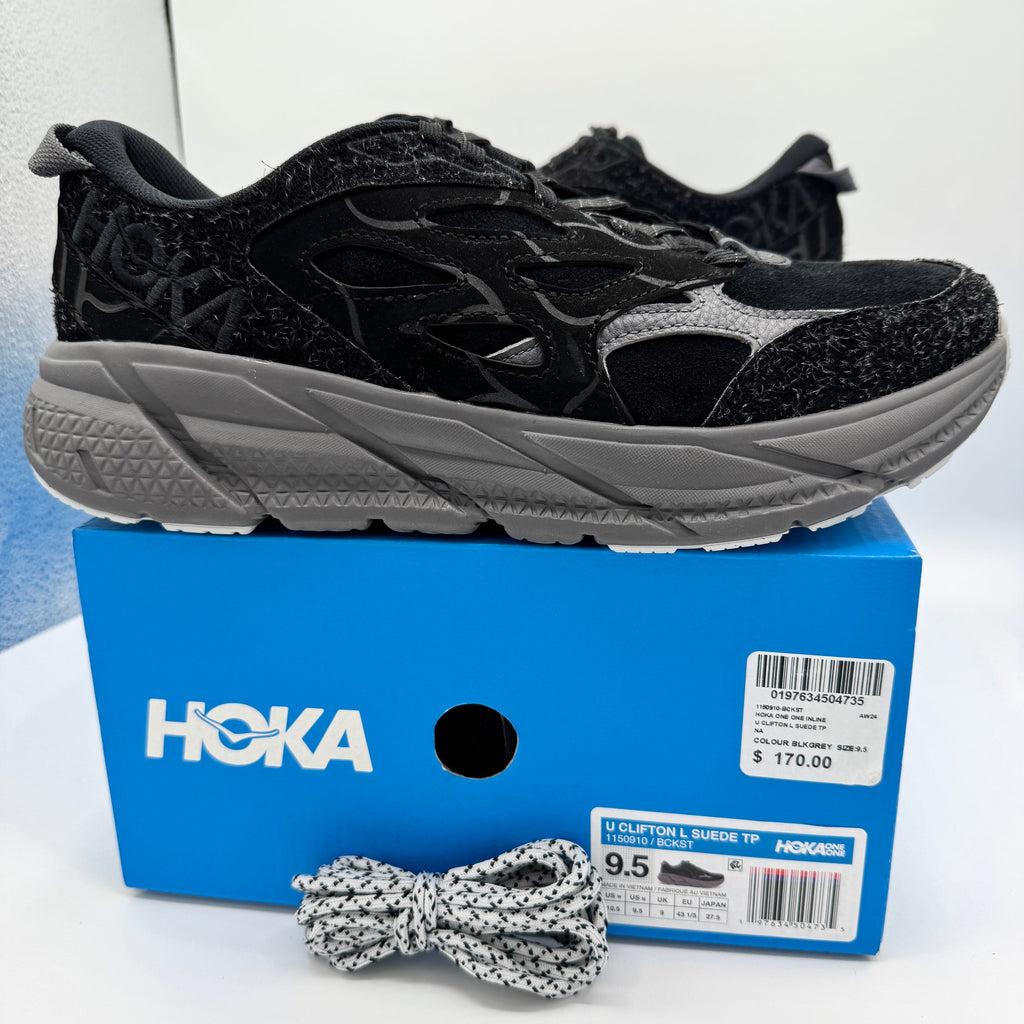 Hoka Clifton Elite Terrain System L Suede Leather Black Grey Unisex Sneakers