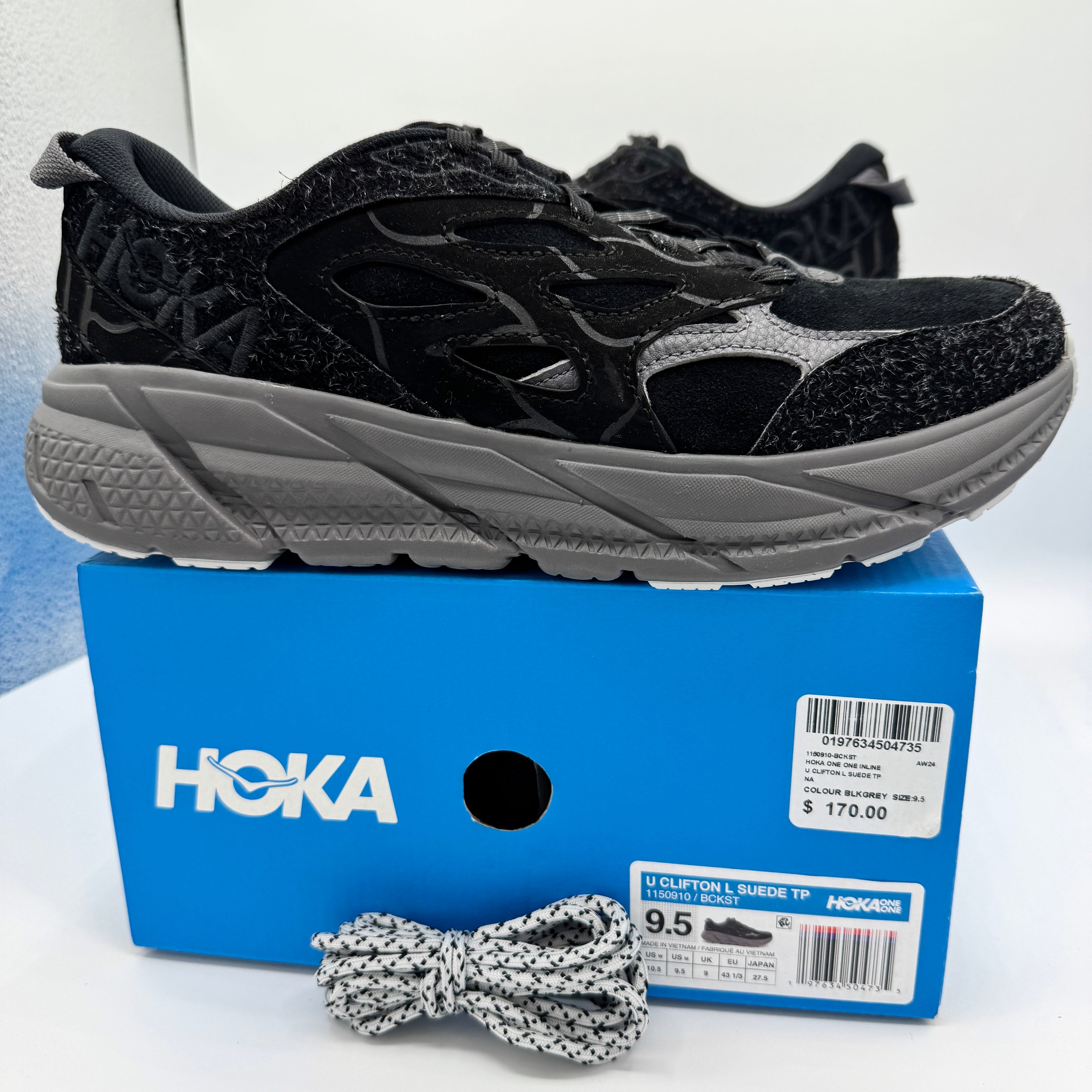 Hoka Clifton Elite Terrain System L Suede Leather Black Grey Unisex Sneakers