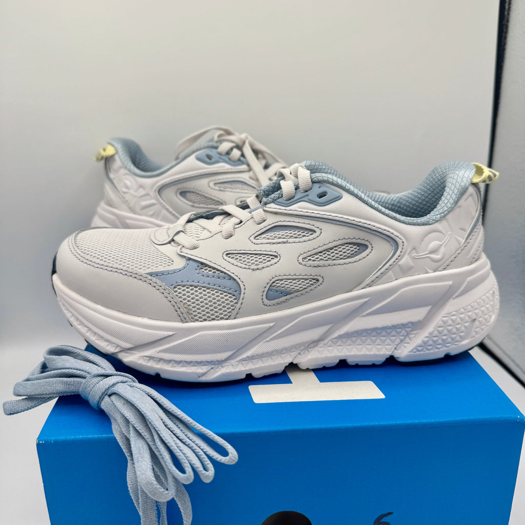 Hoka Clifton L Leather in Cosmic Grey / Varsity Navy Blue Unisex All Gender
